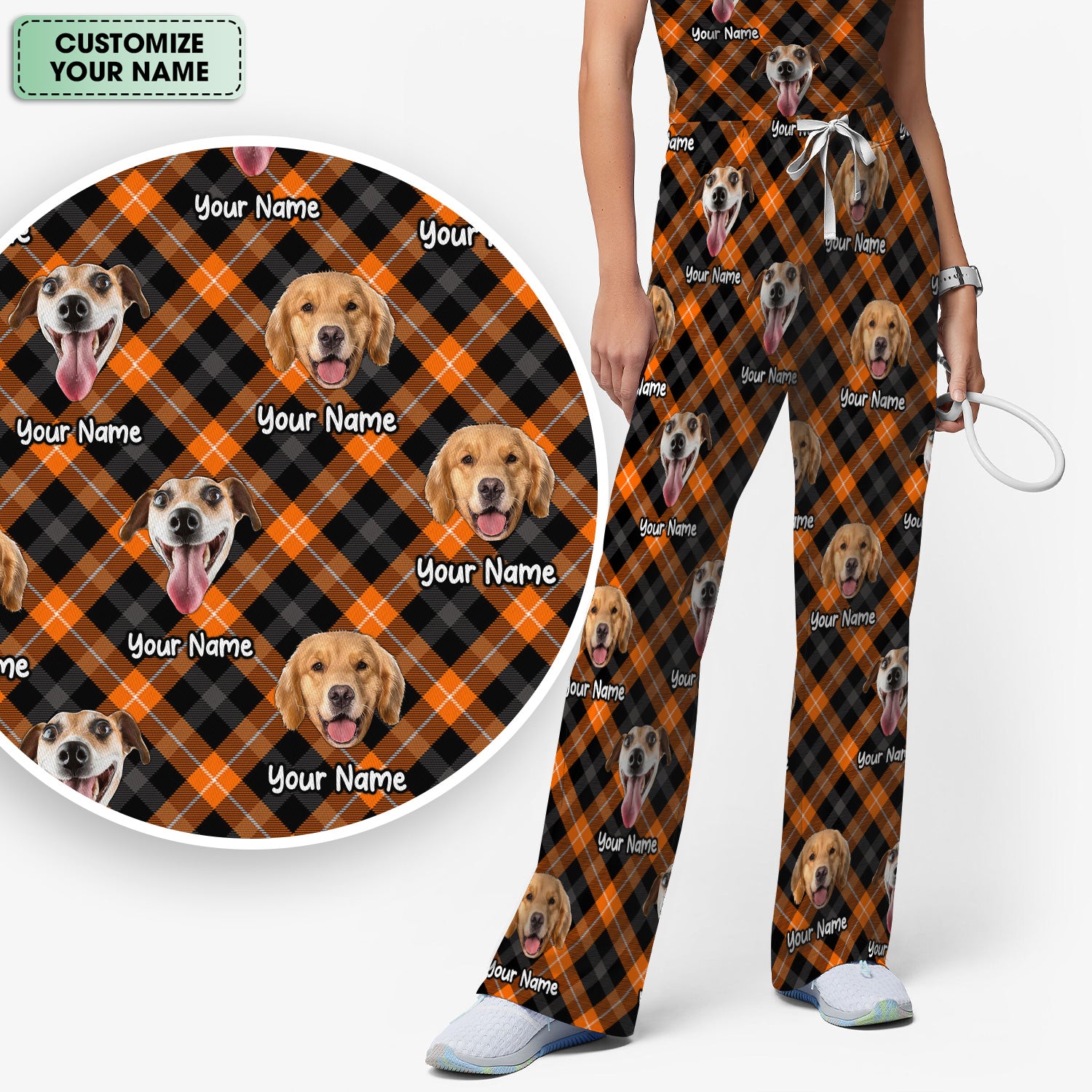 Personalized Halloween Dog Photo Plaid Scrub Set, Scrub Pants and V Neck Top