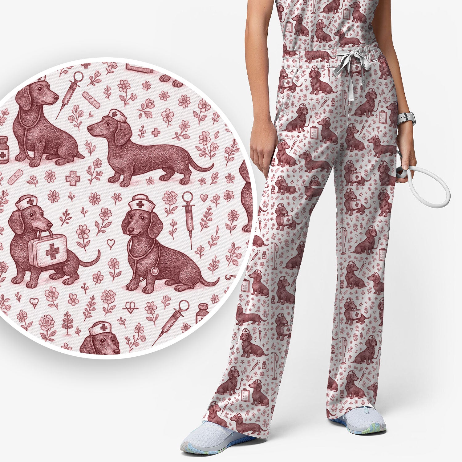 Vintage Dachshund Scrub Set - Artistic Dog Pattern Medical Scrubs - Cute Pet Lover Nurse Gift for Women