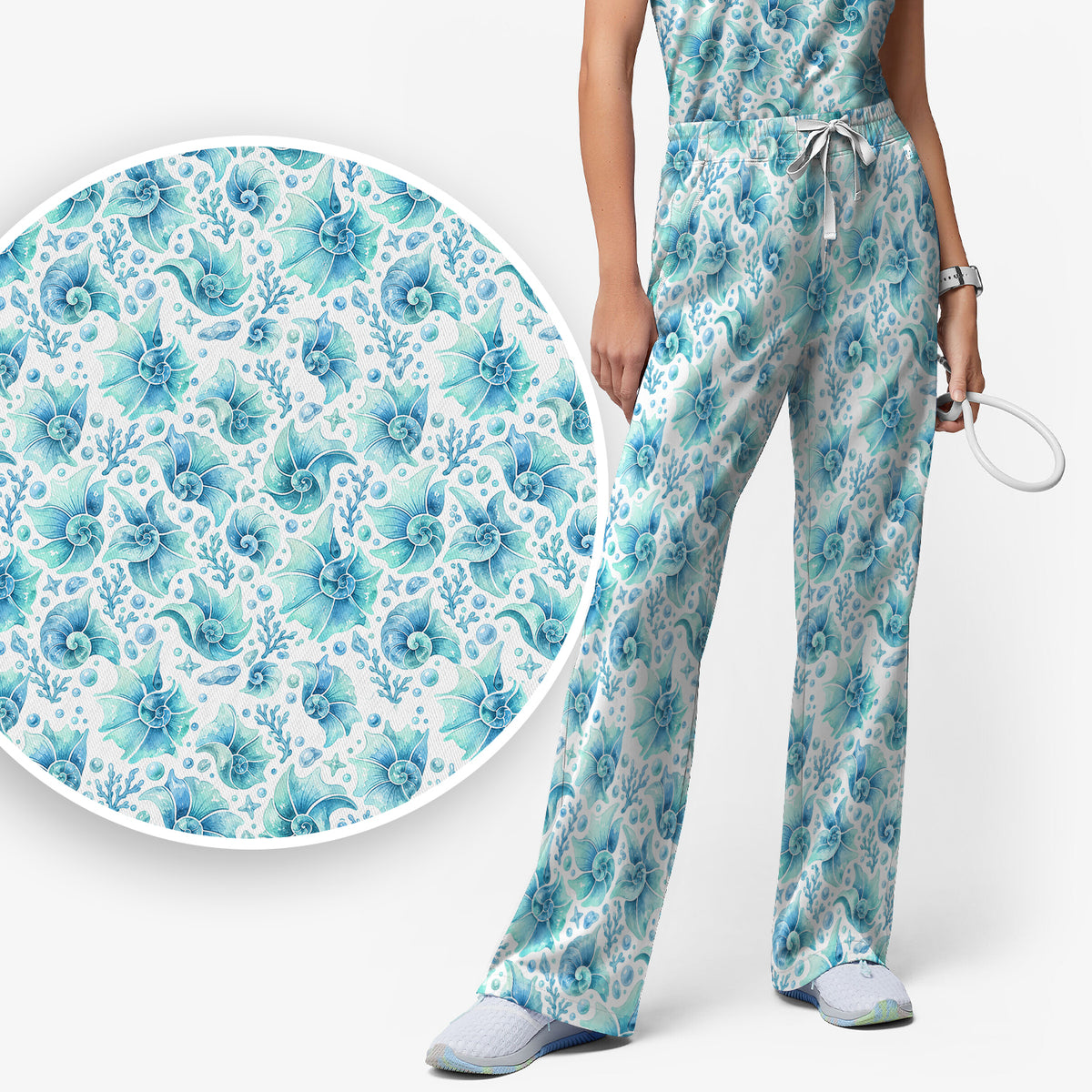 Blue Watercolor Seashell Pattern Scrub Set, Scrub Pants and V Neck Top