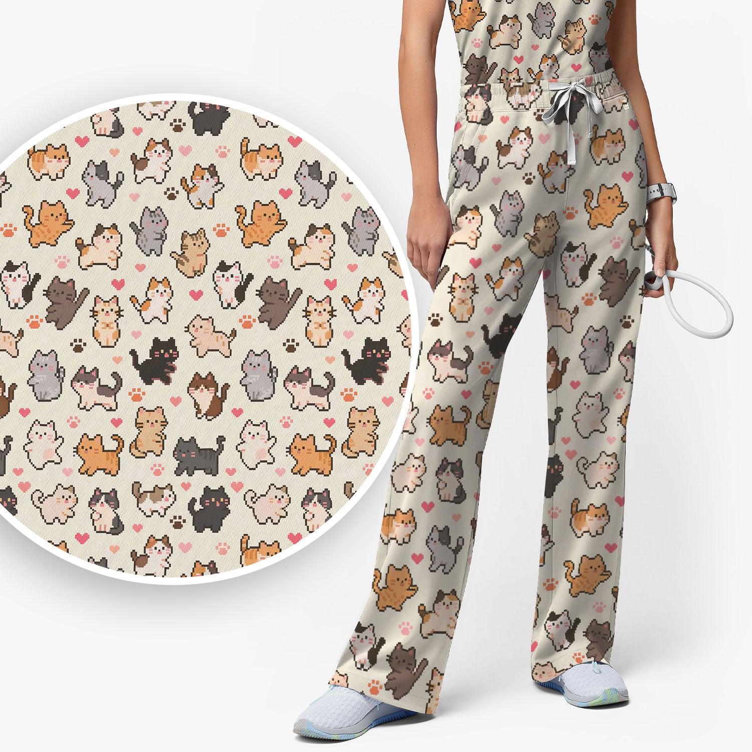 Cute Pixel Cat Heart Paw Pattern Scrub Set, Women's Scrub Sets