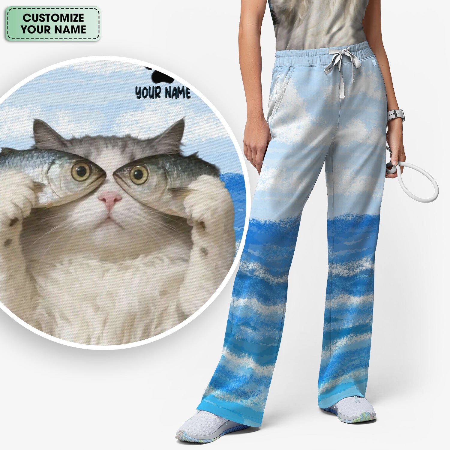 Personalized Cat Holding Fish Pattern Nurse Scrub Set, Scrub Pants and V Neck Top