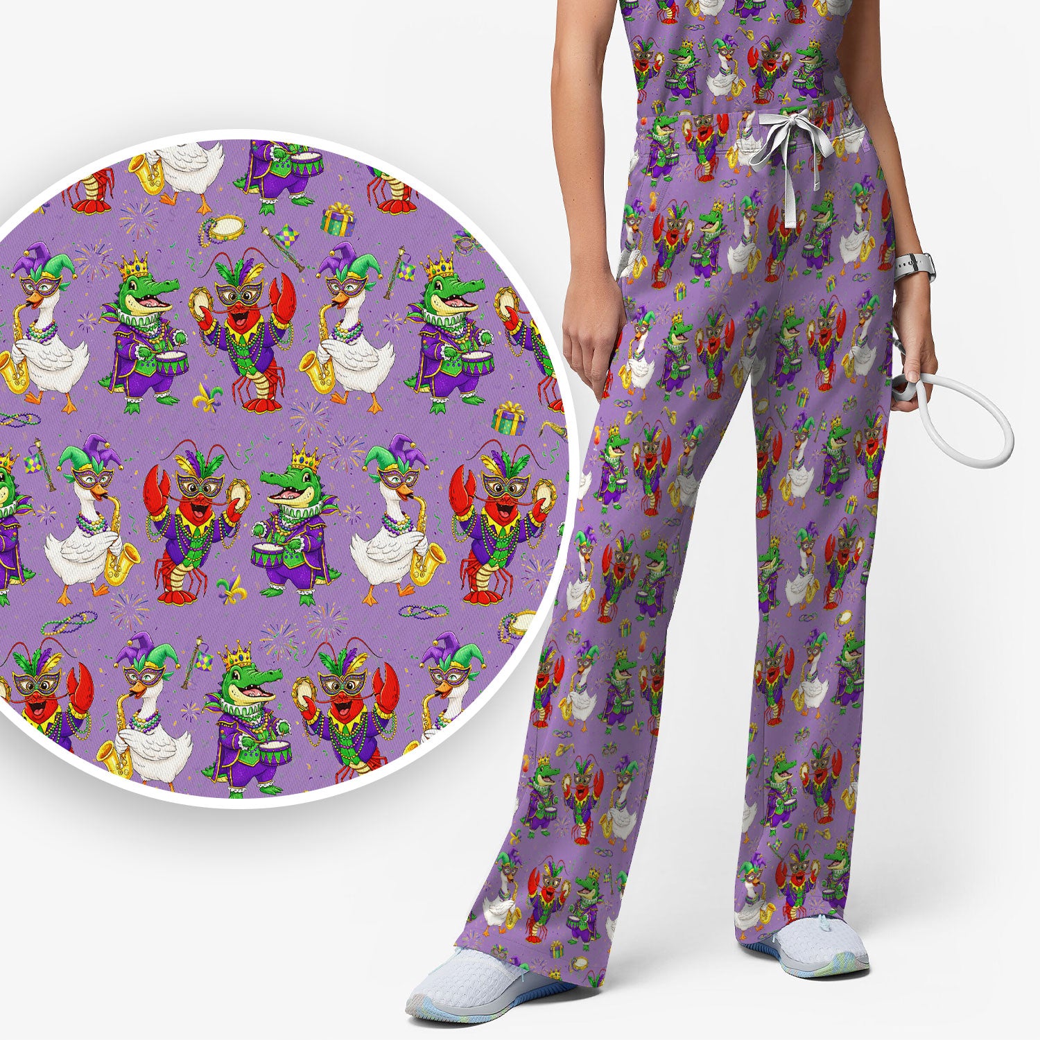 Crawfish And Duck Carnival Scrub Set, Mardi Gras Parade Pattern Nurse Shirt, Breathable Fabrics Nursing Uniform