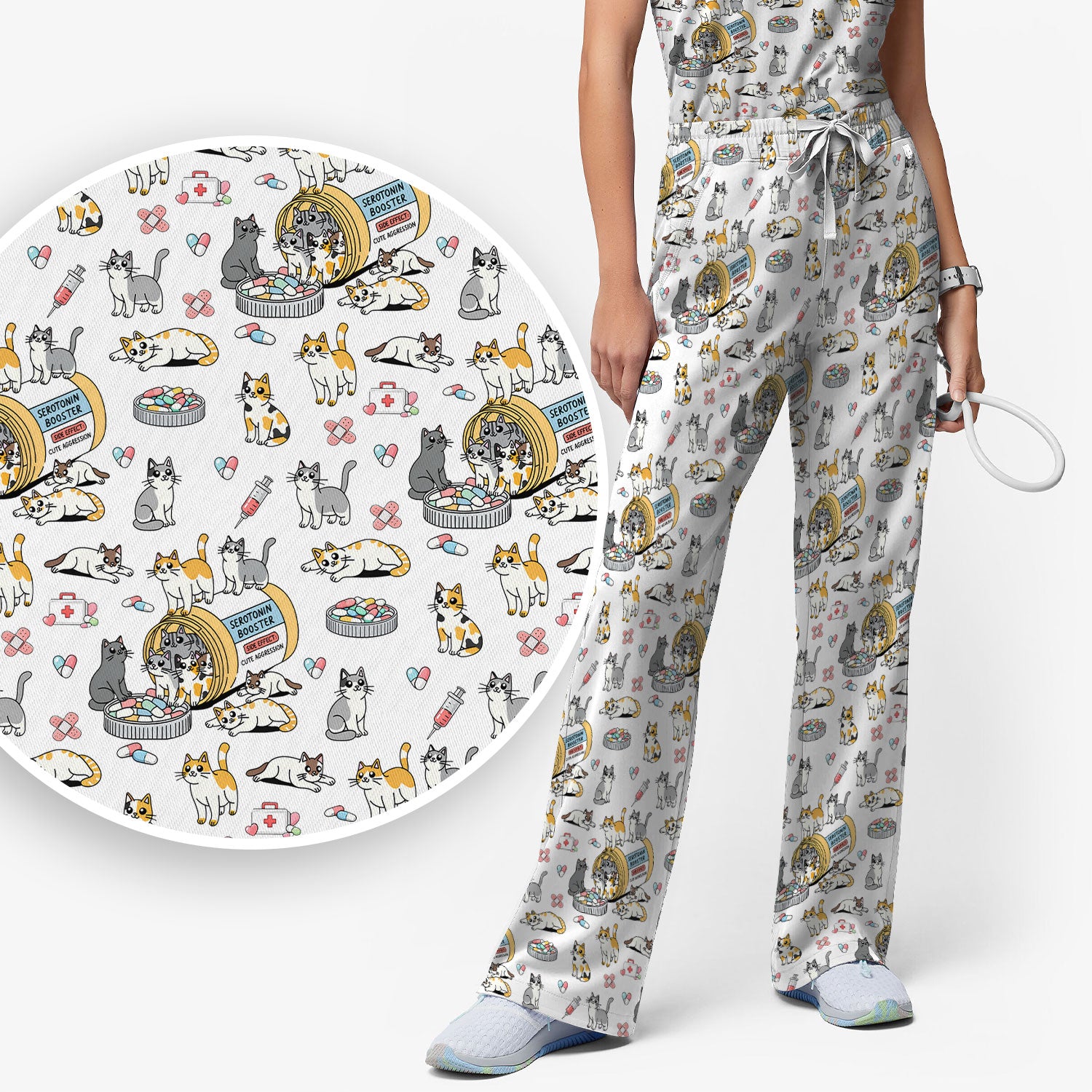 Cute Cat Serotonin Booster Pattern Women's Scrub Set, Breathable Med Uniform
