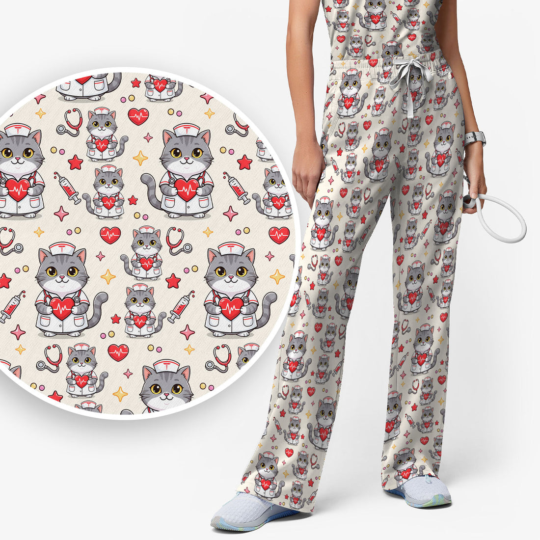 Cute Nurse Cat Heart Medical Print Scrub Set, Scrub Pants and V Neck Top