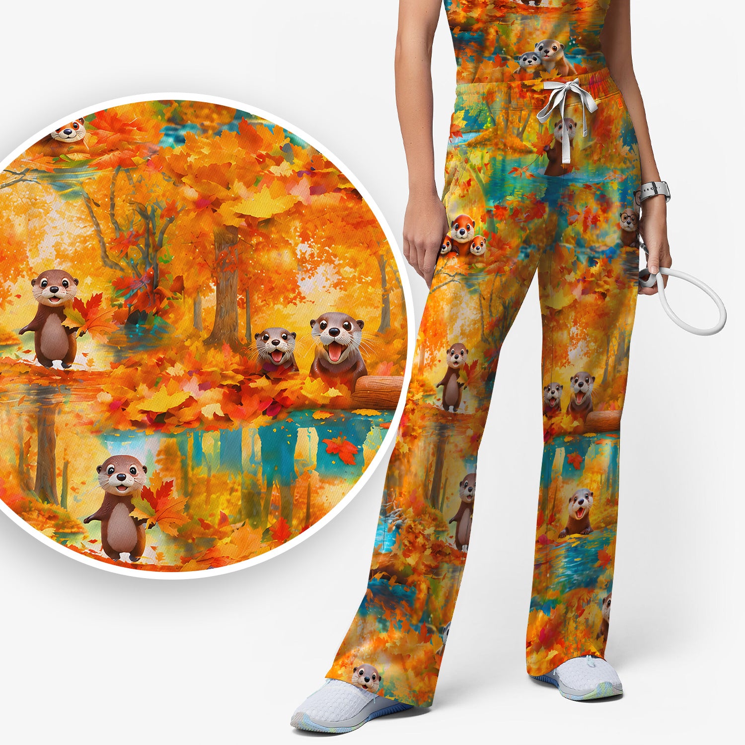 Cute Autumn Otter Leaf Forest Pattern Scrub Set, Scrub Pants and V Neck Top