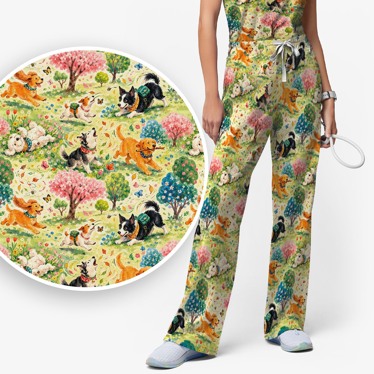 Playful Spring Garden Dogs Pattern Scrub Set, Scrub Pants and V Neck Top
