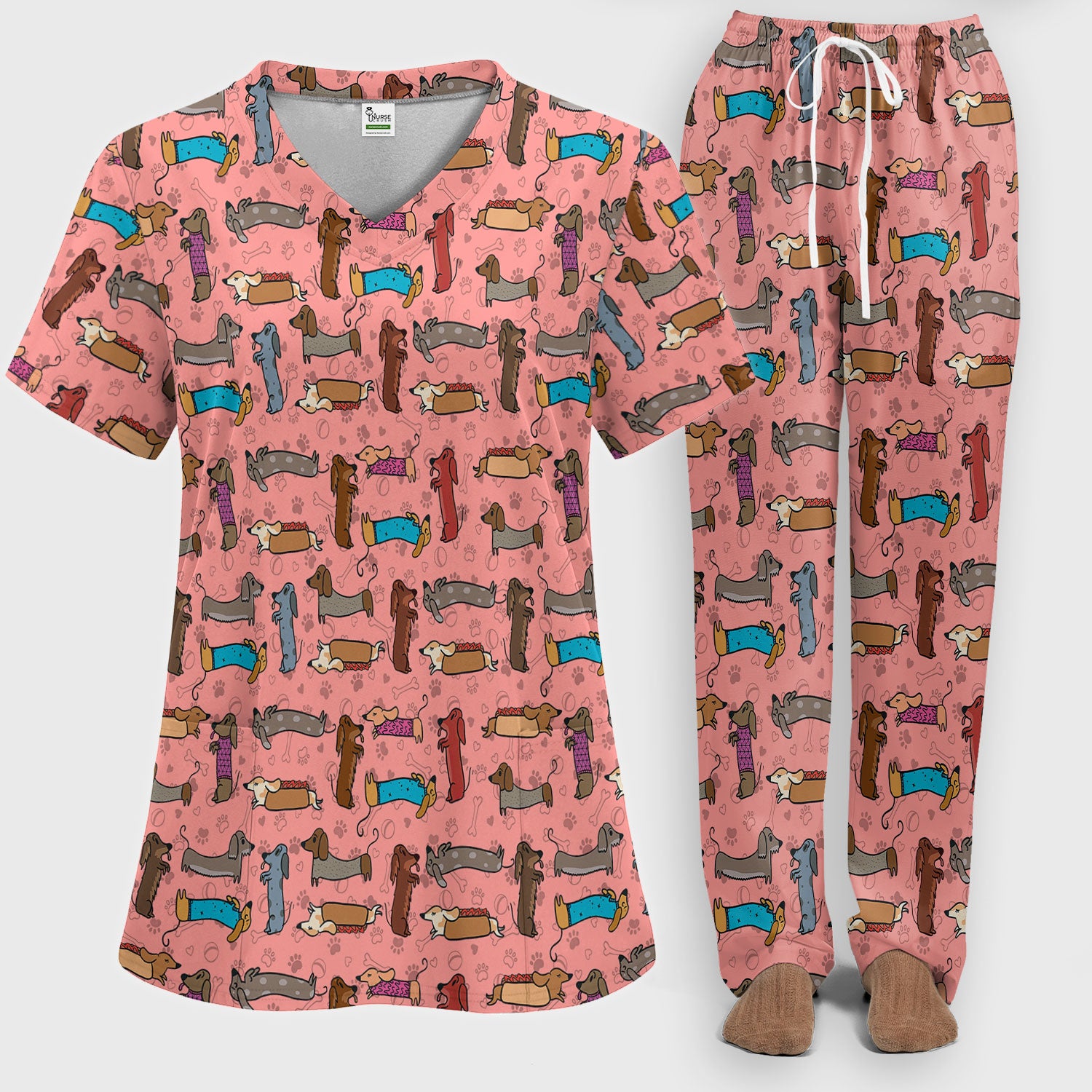 Cute Dachshund Women's Scrub Sets - Funny Sausage Dog Scrub Pants and V Neck Top - Breathable Med Uniform - Nursing Gift