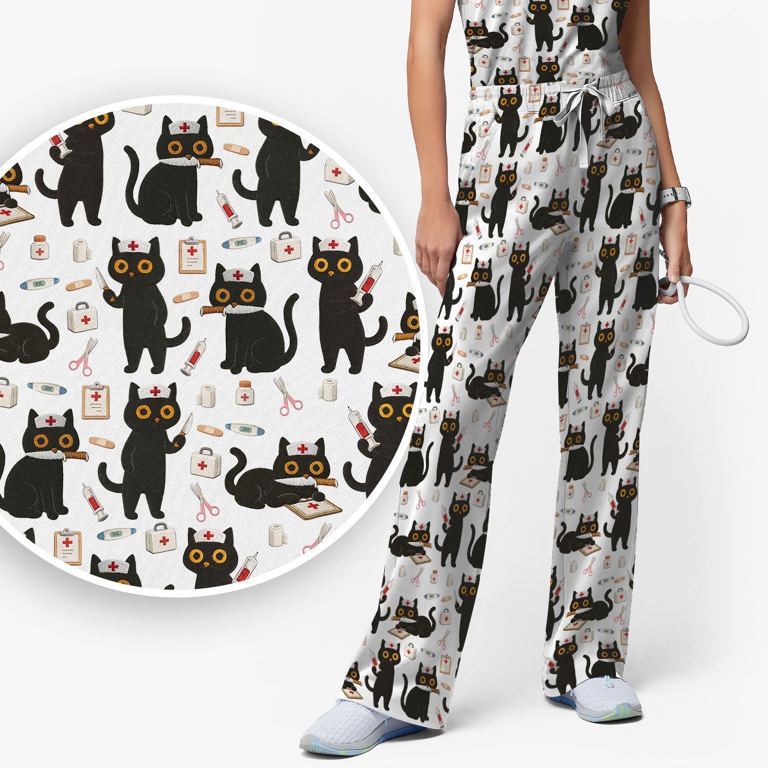 Cute Black Cat Nurse Pattern Women's Scrub Set, Breathable Med Uniform