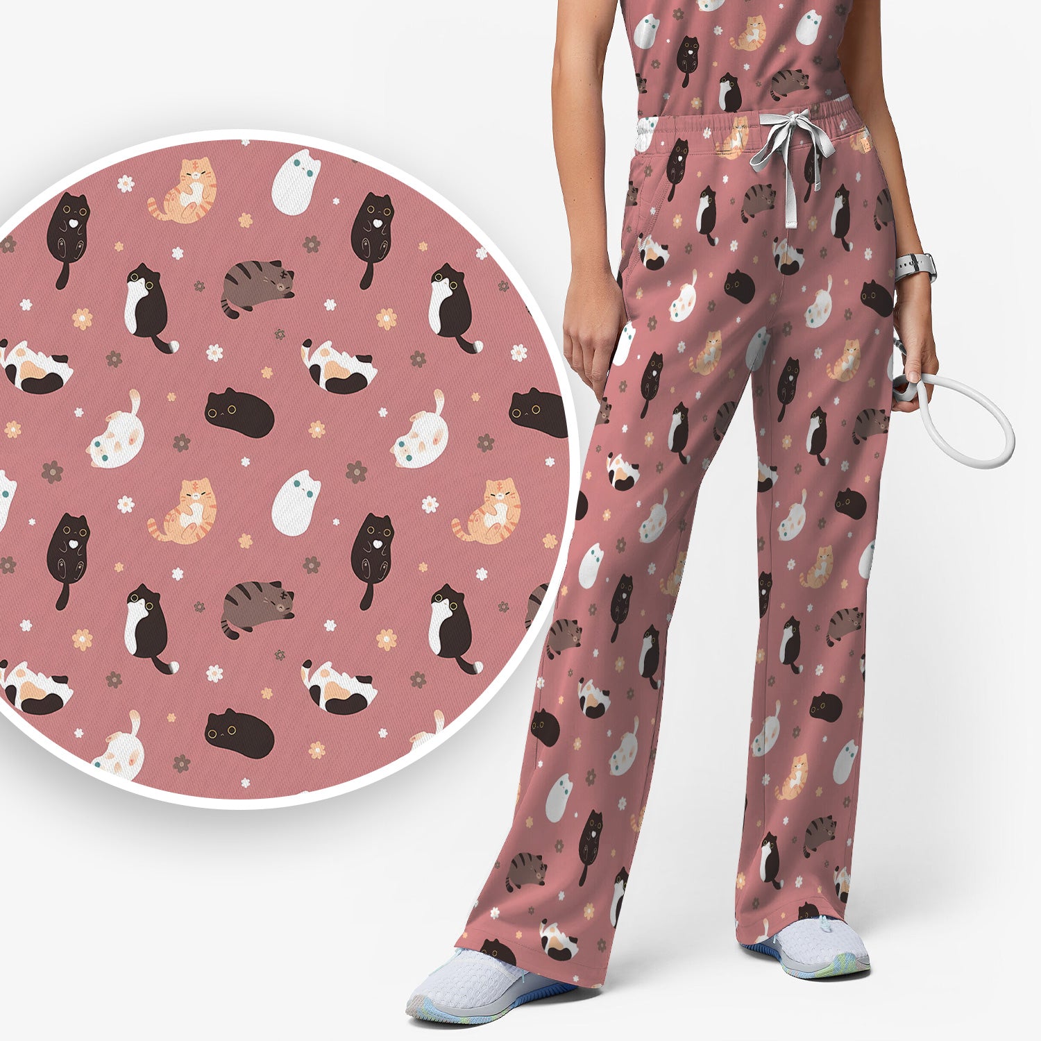 Adorable Kitty Nurse Pattern Scrub Set, Scrub Pants and V Neck Top