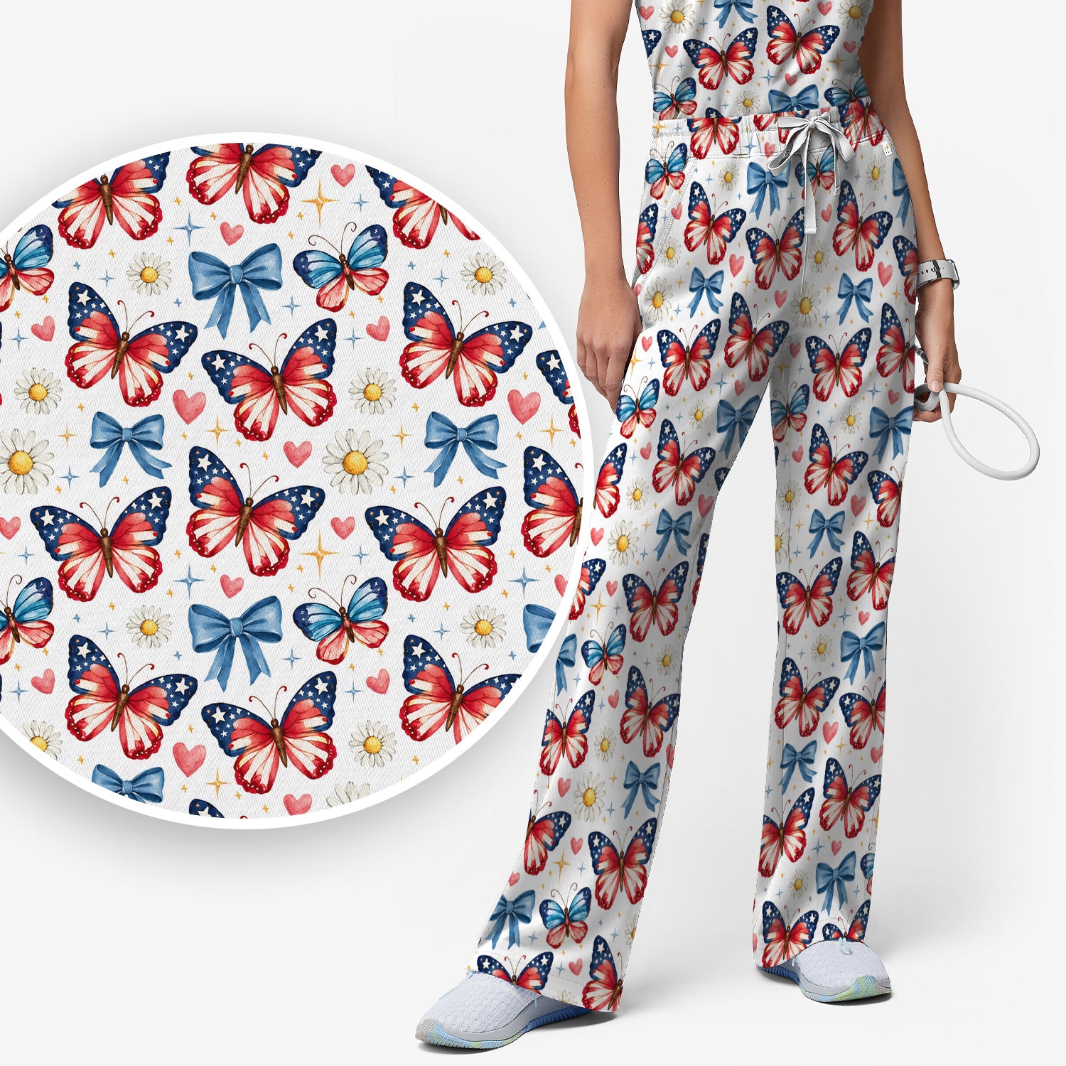Patriotic Butterfly Bow Daisy Pattern Scrub Set, Scrub Pants and V Neck Top