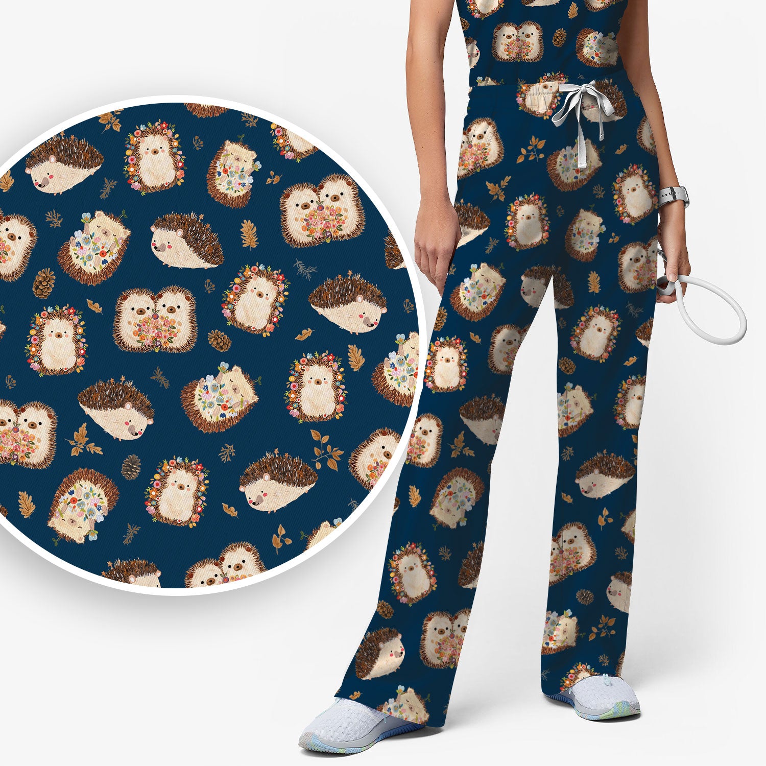 Cute Hedgehog Floral Scrub Set, Breathable Med Uniform