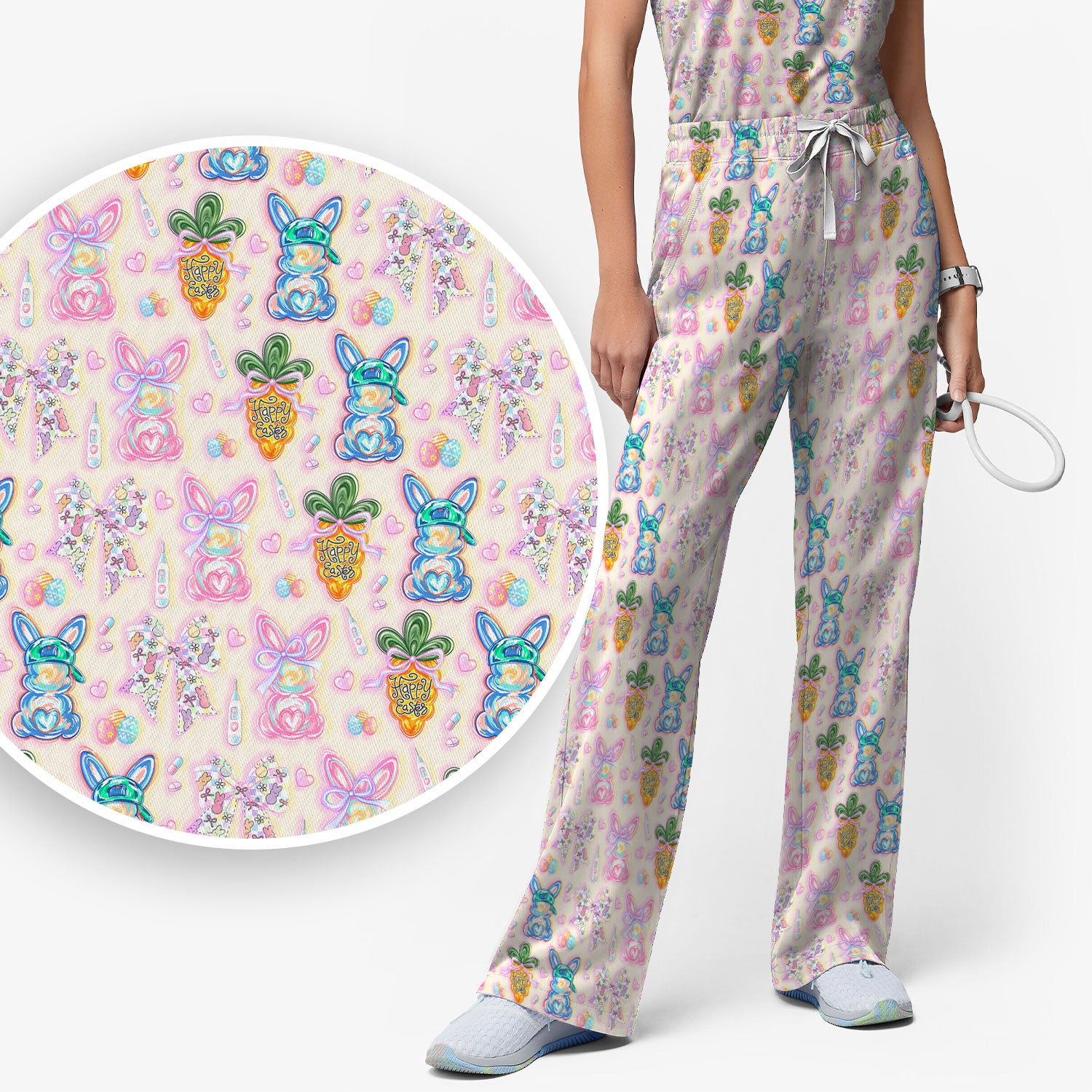Easter Bunny Carrot Bow Floral Print Scrub Set, Breathable Med Uniform