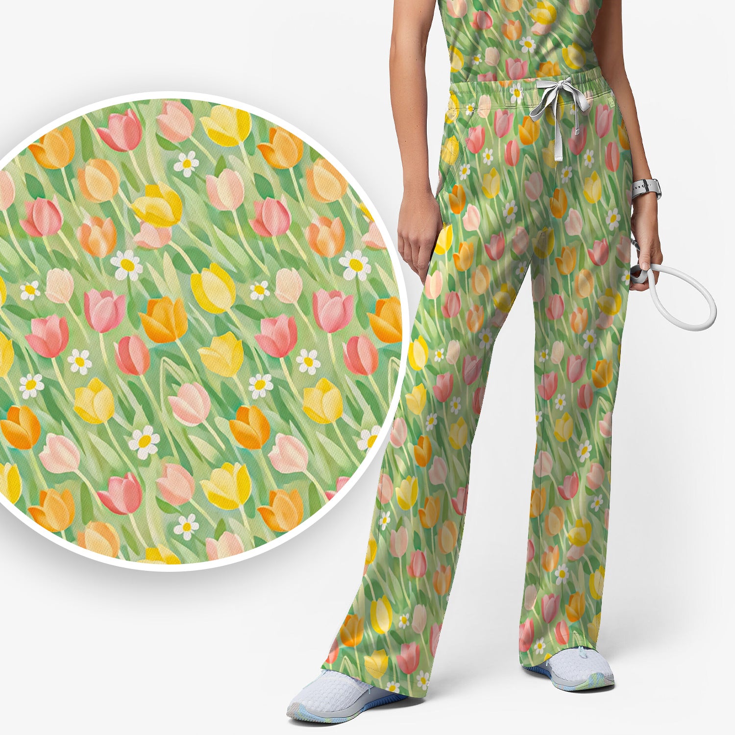 Cheerful Tulip Meadow Print Scrub Set, Women's Scrub Sets