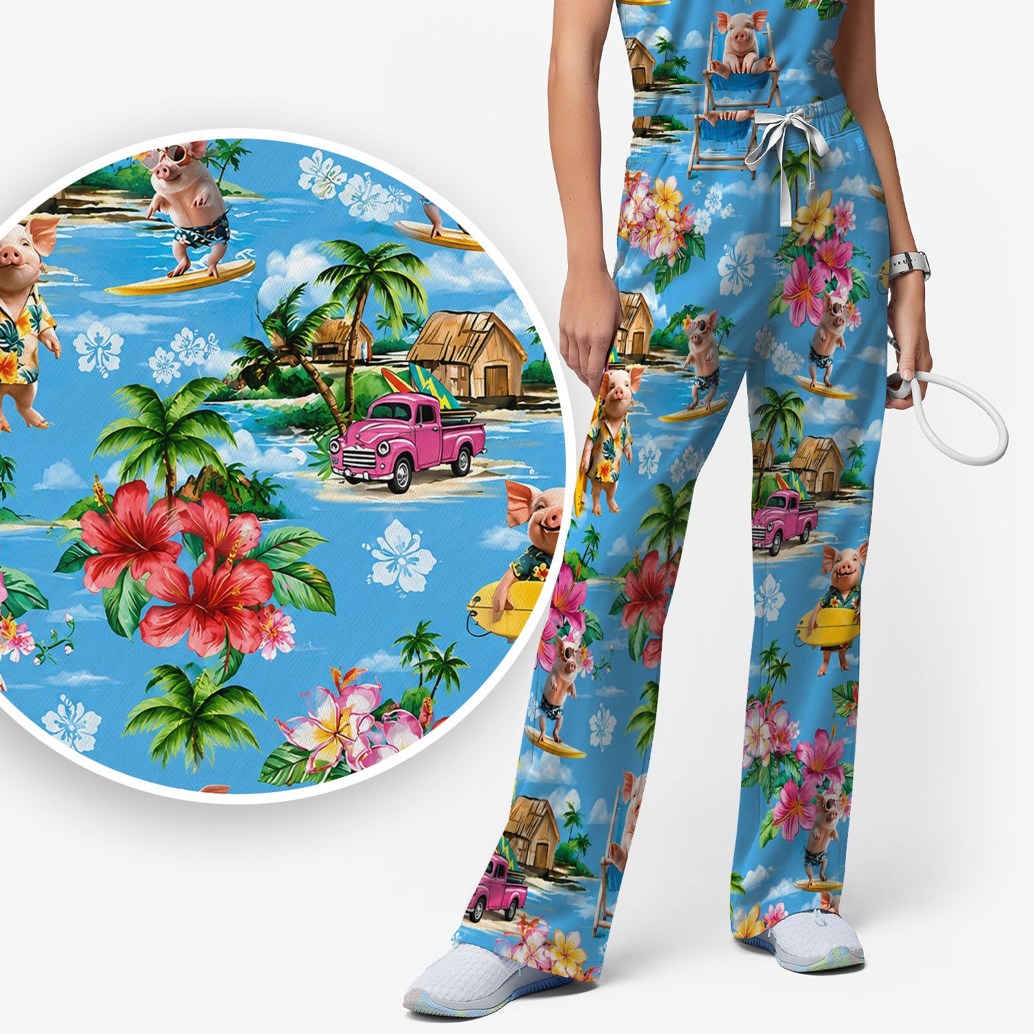 Tropical Surfing Pig Beach Pattern Scrub Set, Scrub Pants and V Neck Top