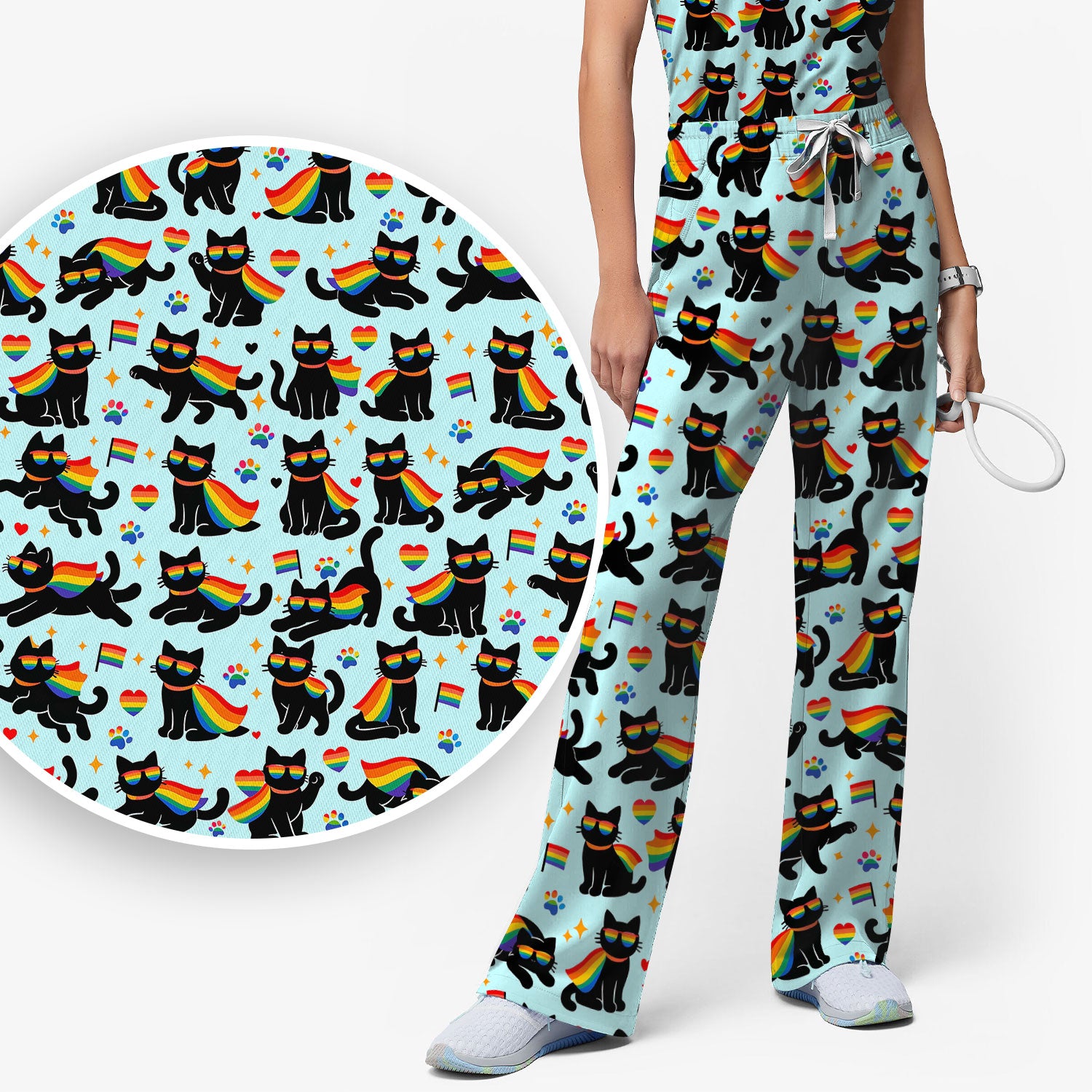Rainbow Black Cat Pride Pattern Scrub Set, Breathable Med Uniform