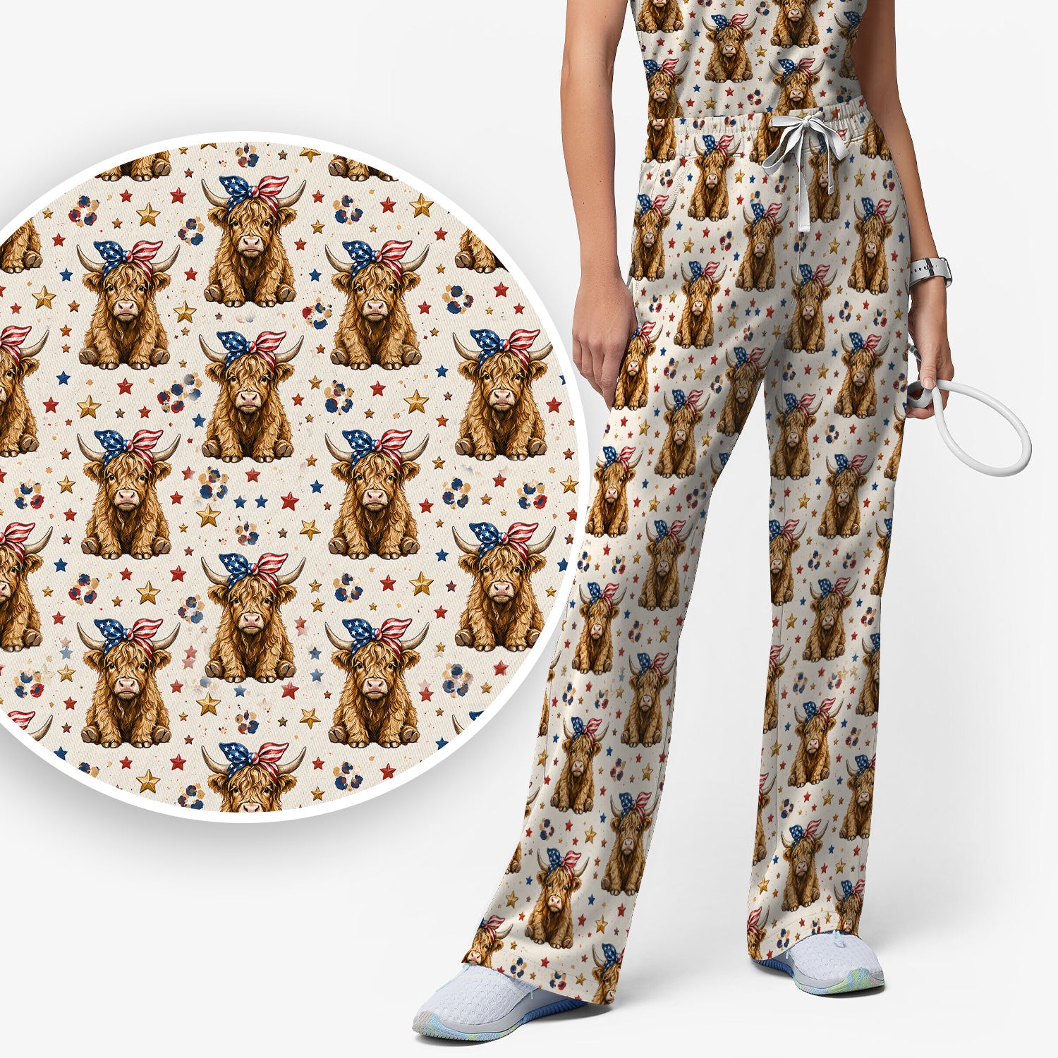Patriotic Highland Cow Nurse for RN & CNA, Americana Farm Animal Healthcare Workers Medical Uniform Scrub Set, Scrub Pants and V Neck Top