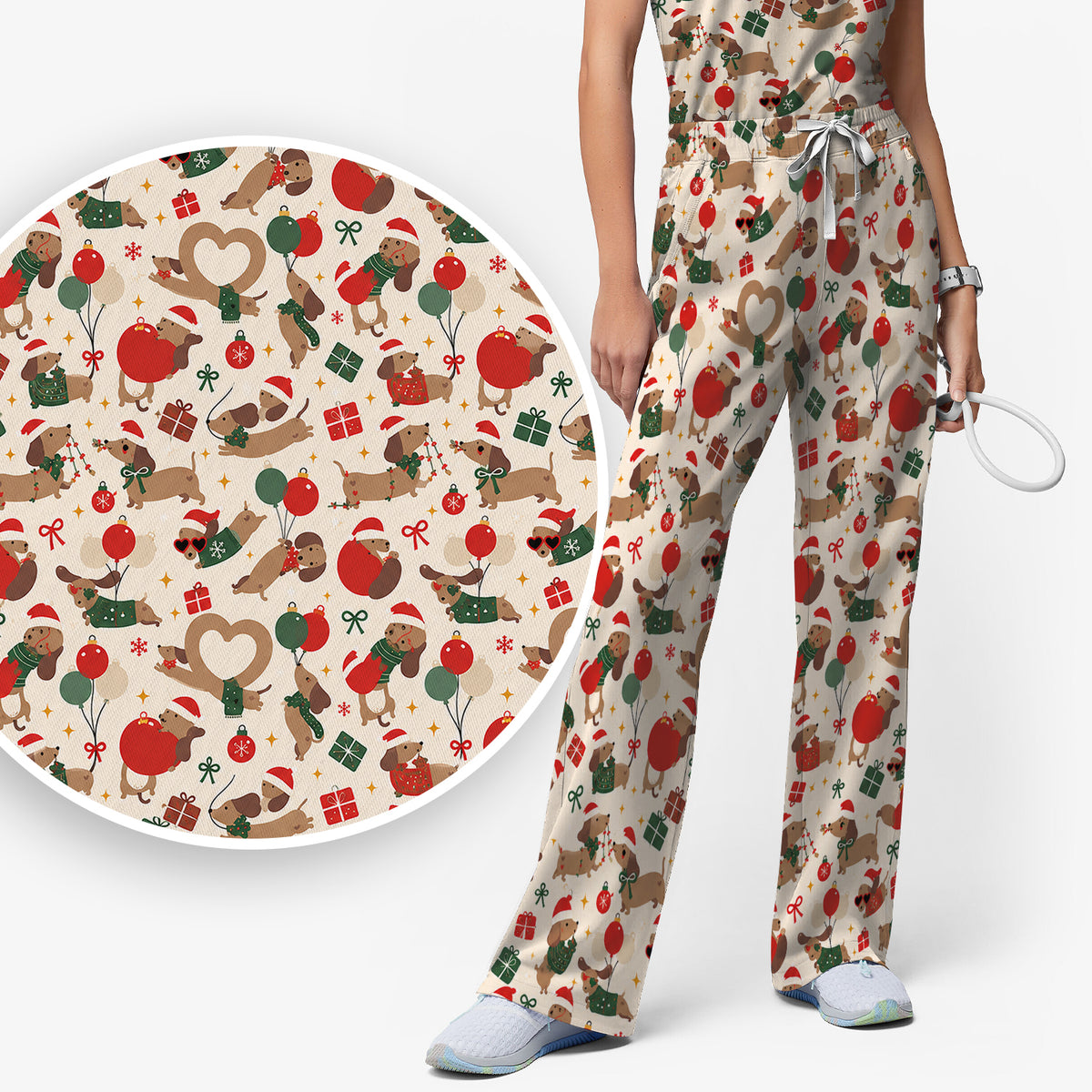 Cute Christmas Dachshund Pattern Scrub Set, Scrub Pants and V Neck Top