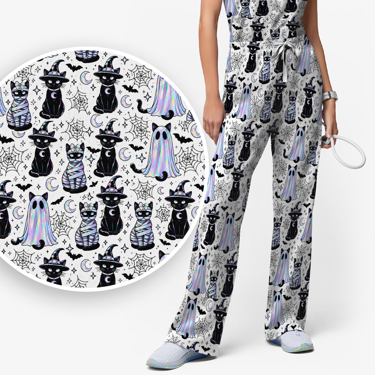 Ghost Witch Cat Pattern Scrub Set, Scrub Pants and V Neck Top