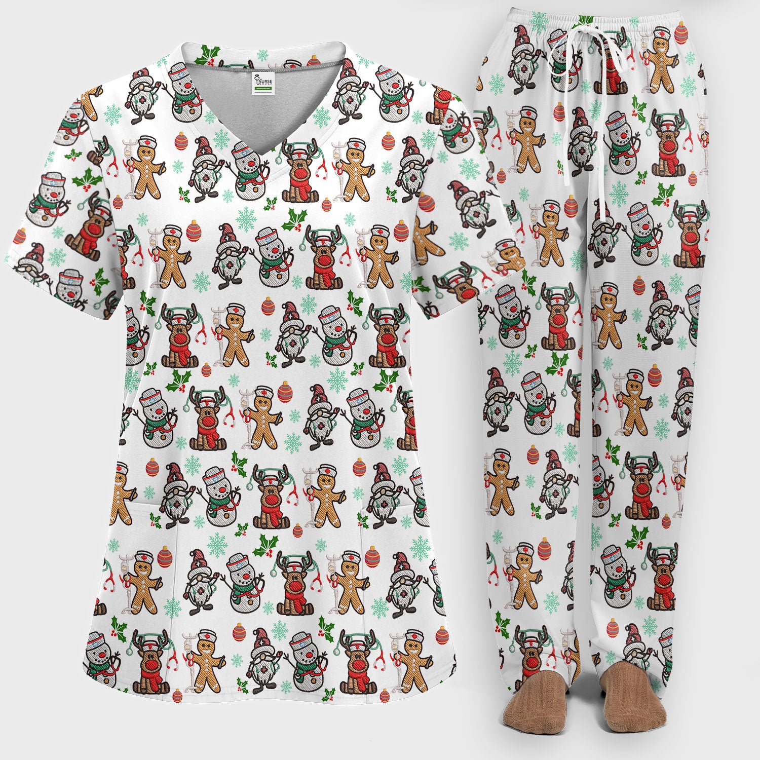 Christmas Gingerbread Scrubs Set for Women - Comfortable Scrubs for Nurses - Reindeer Santa Pants and V Neck Top
