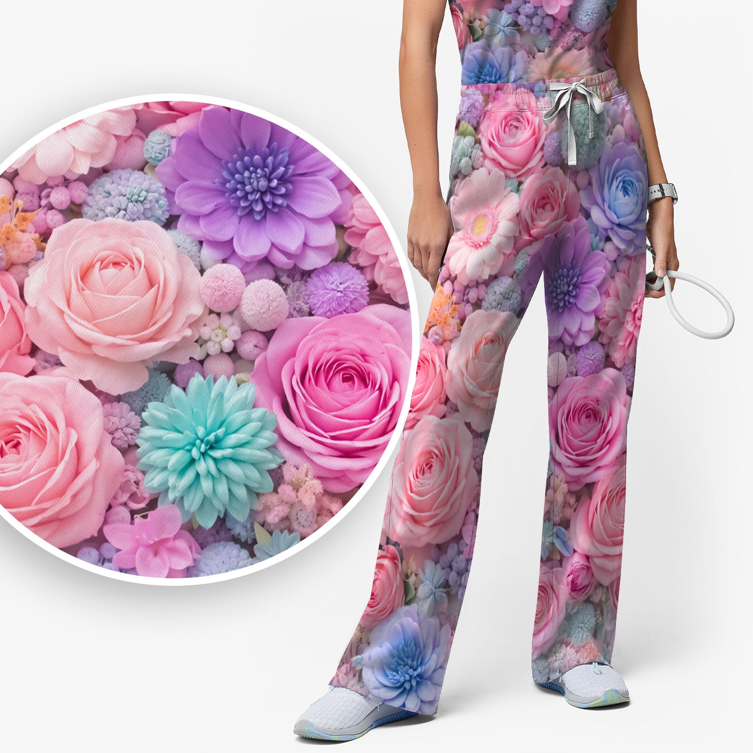 Pastel Floral Dream Scrub Set, Pink Rose Candy Color Nursing Uniform Set, V-Neck Top & Pants