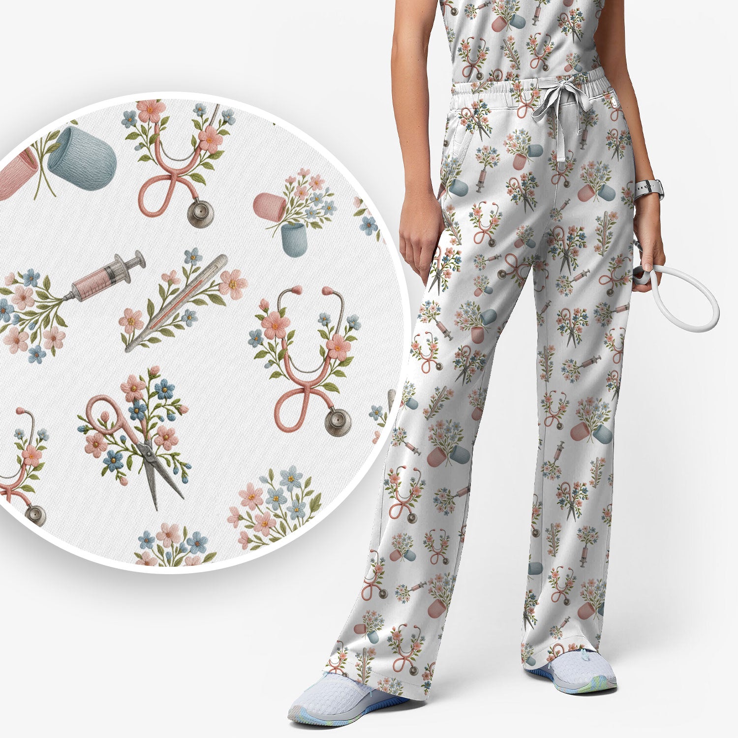 Floral Medical Scrub Set, Elegant Stethoscope With Flower Nursing Shirt, Breathable Fabrics Nurse Uniform