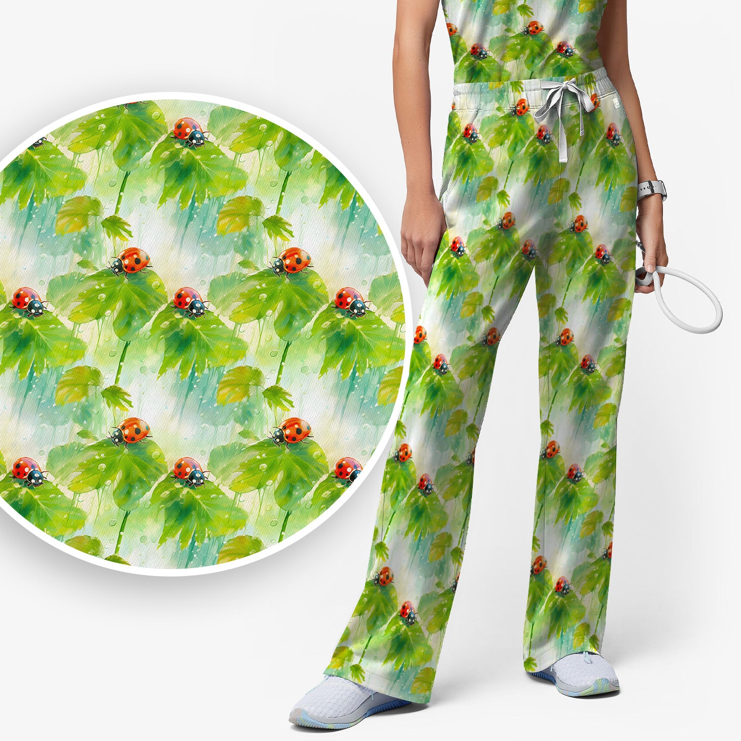 Ladybugs On Rainy Leaves Pattern Scrub Set, Scrub Pants and V Neck Top