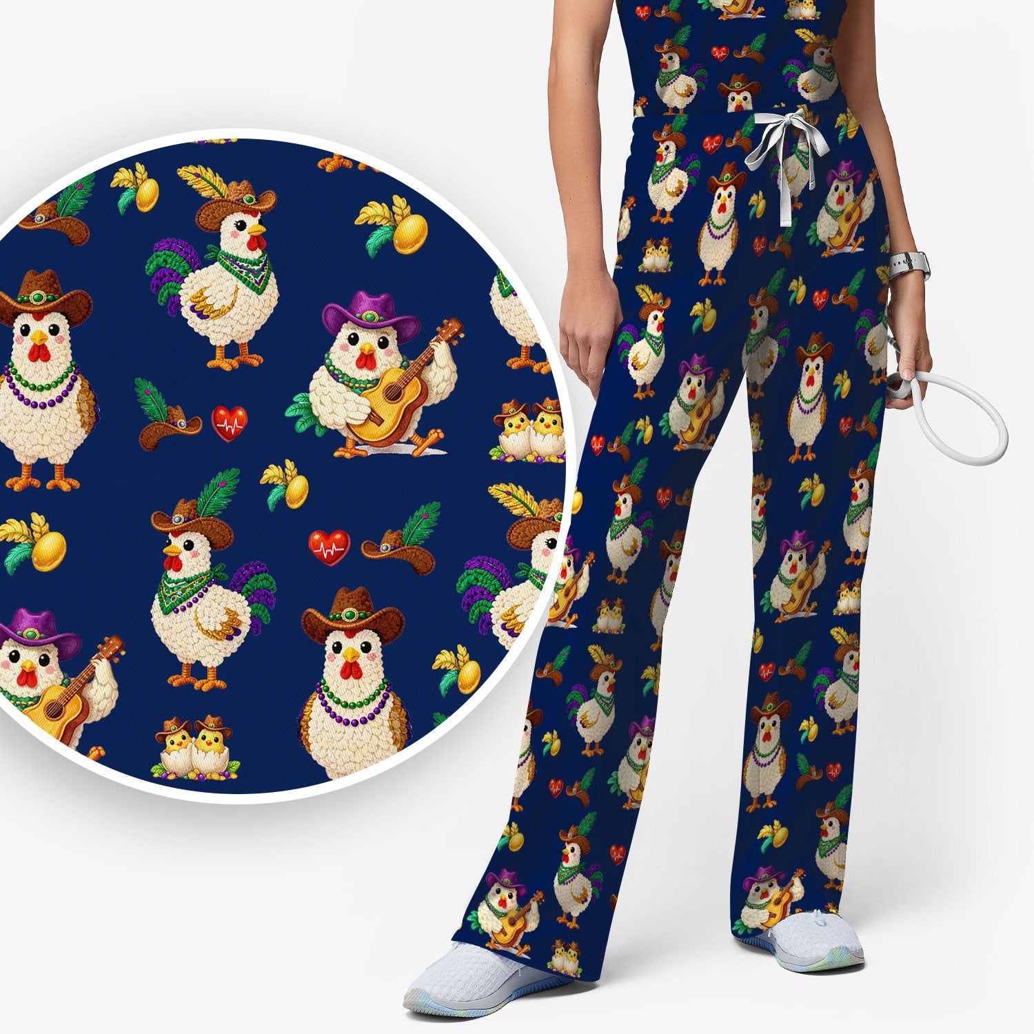 Funny Mardi Gras Rooster Cowboy Print Set, Women's Scrub Sets