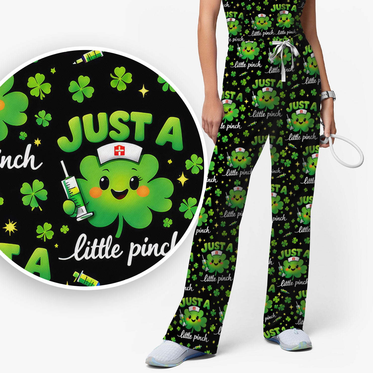 Shamrock Nurse Just A Little Pinch Print Scrub Set, Scrub Pants and V Neck Top