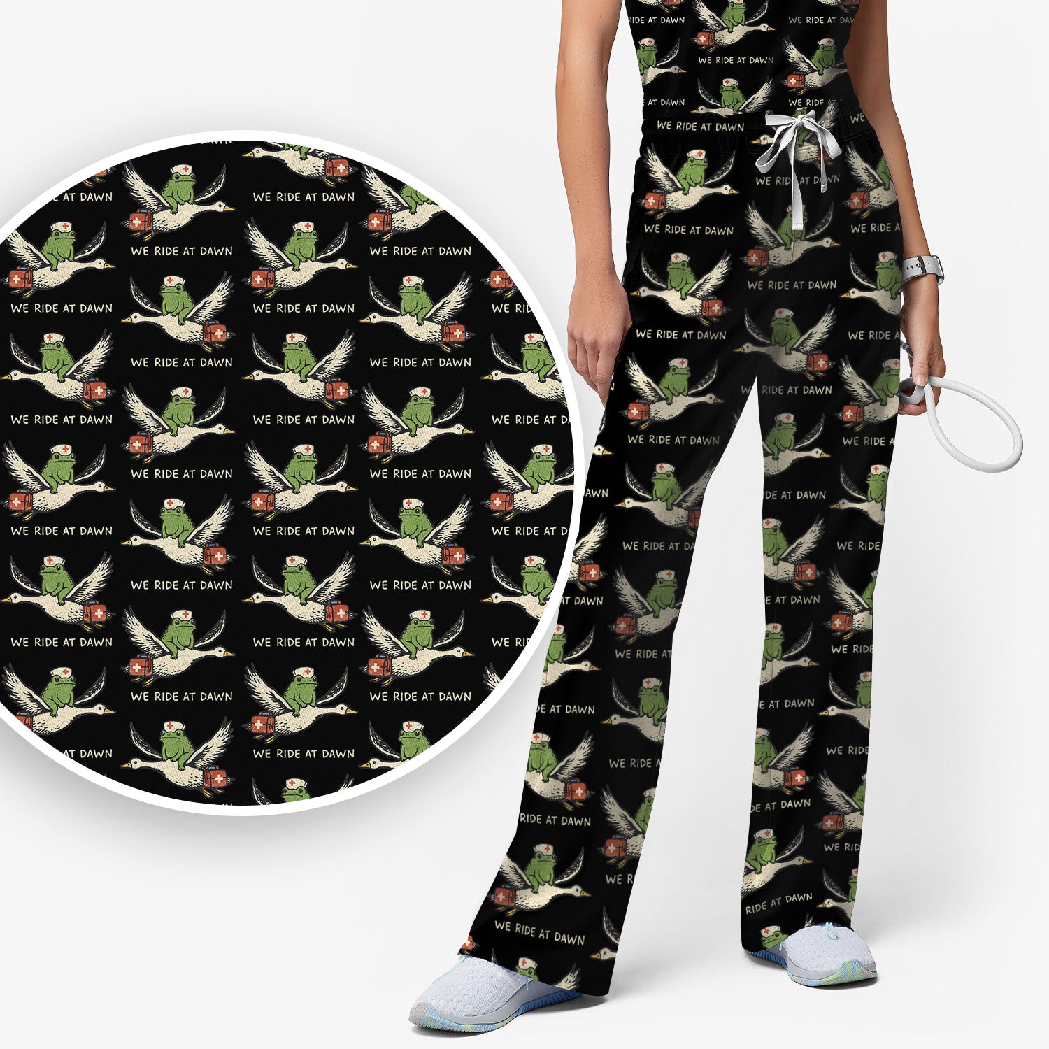 Funny Frog Riding Goose Nurse Pattern Scrub Set, Nurse Uniform Scrubs Set
