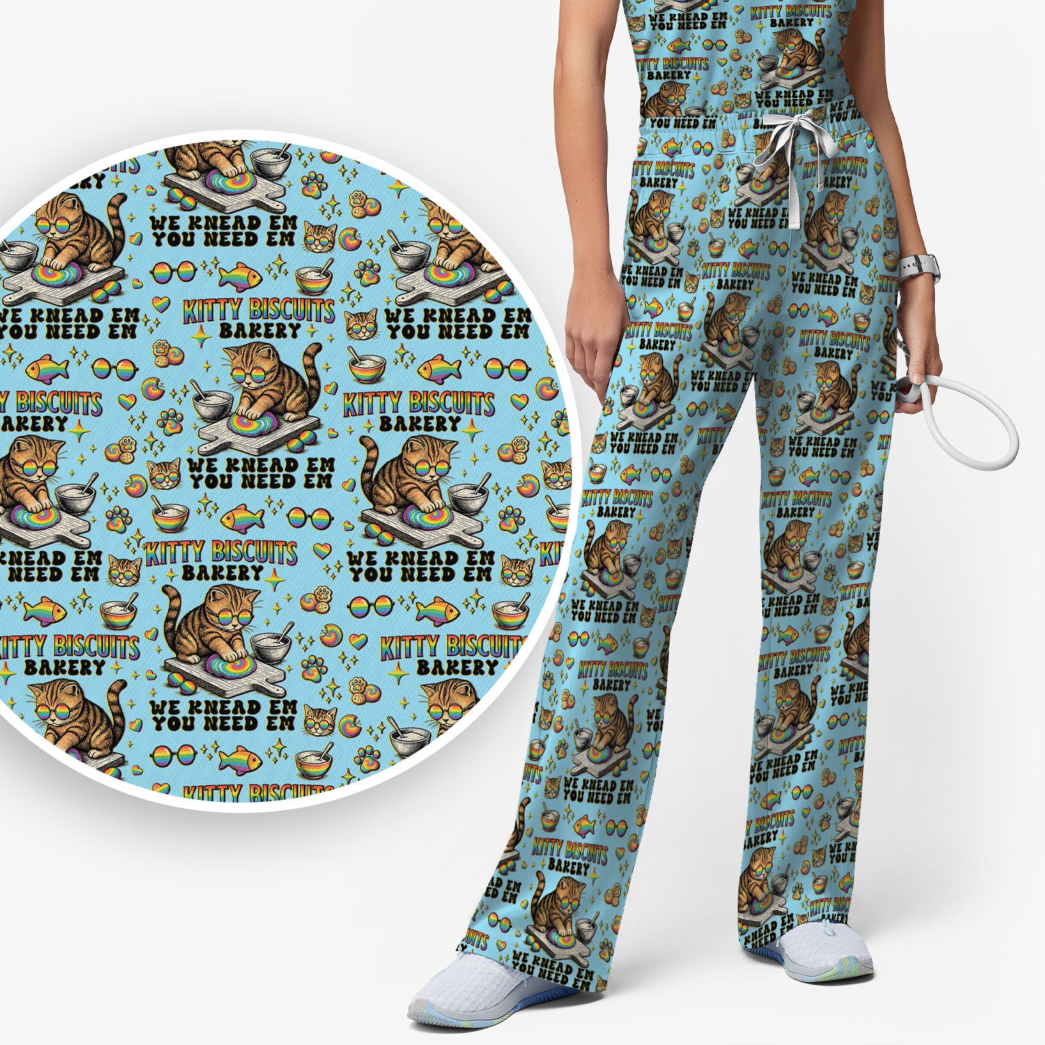 Pride Nurse Cat Baking Rainbow Dough Pattern Scrub Set, Women's Scrub Sets