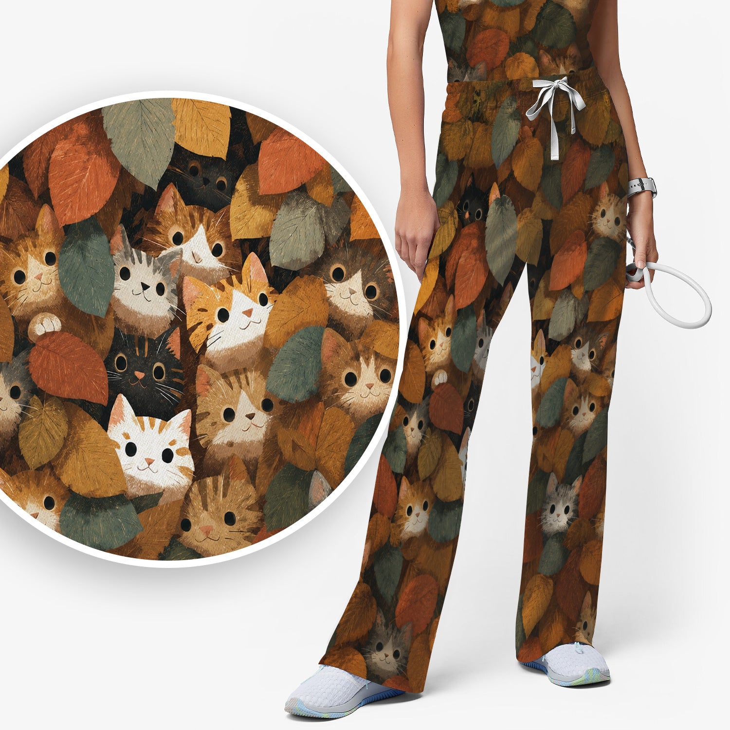 Cute Autumn Cat Leaf Pile Pattern Scrub Set, Scrub Pants and V Neck Top