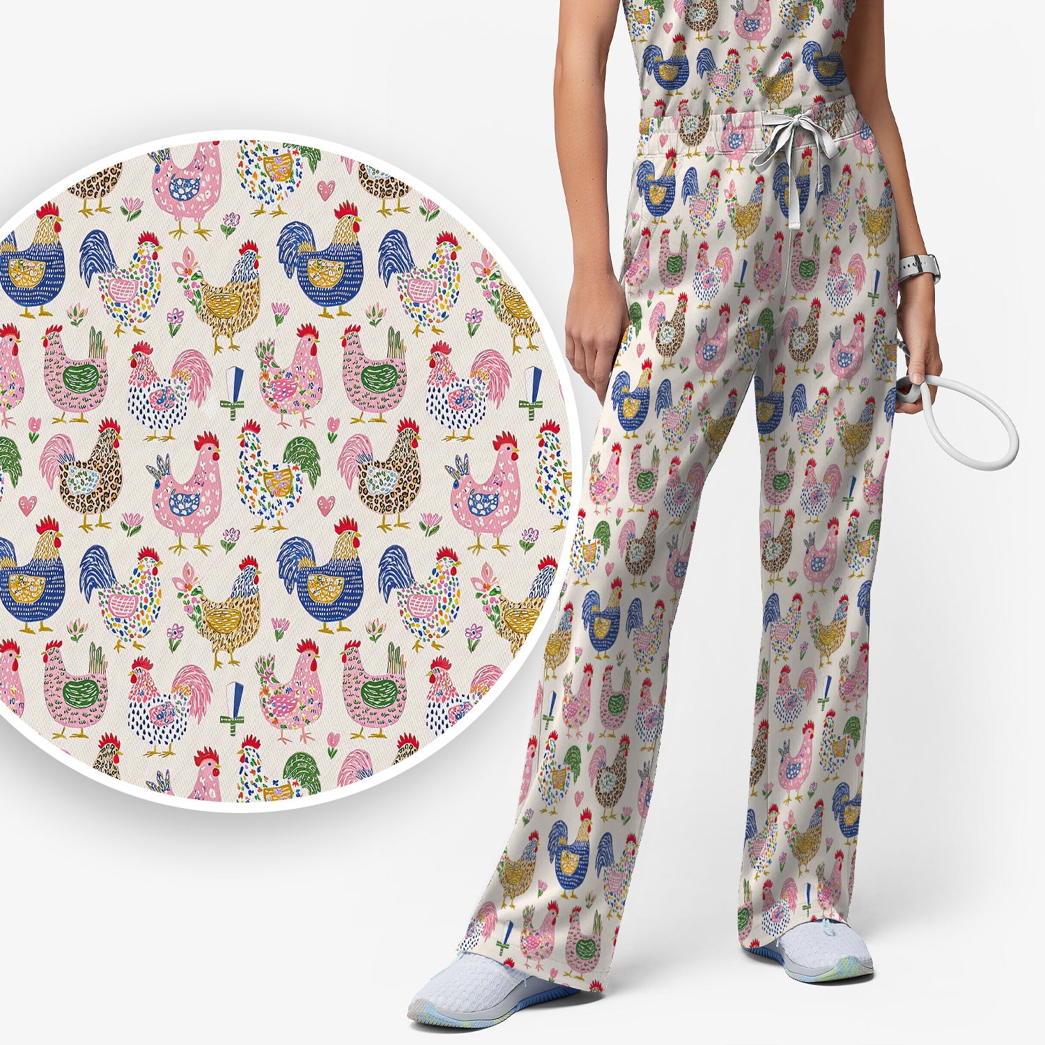 Funny Chicken Rooster Pattern Scrub Set, Women's Scrub Sets