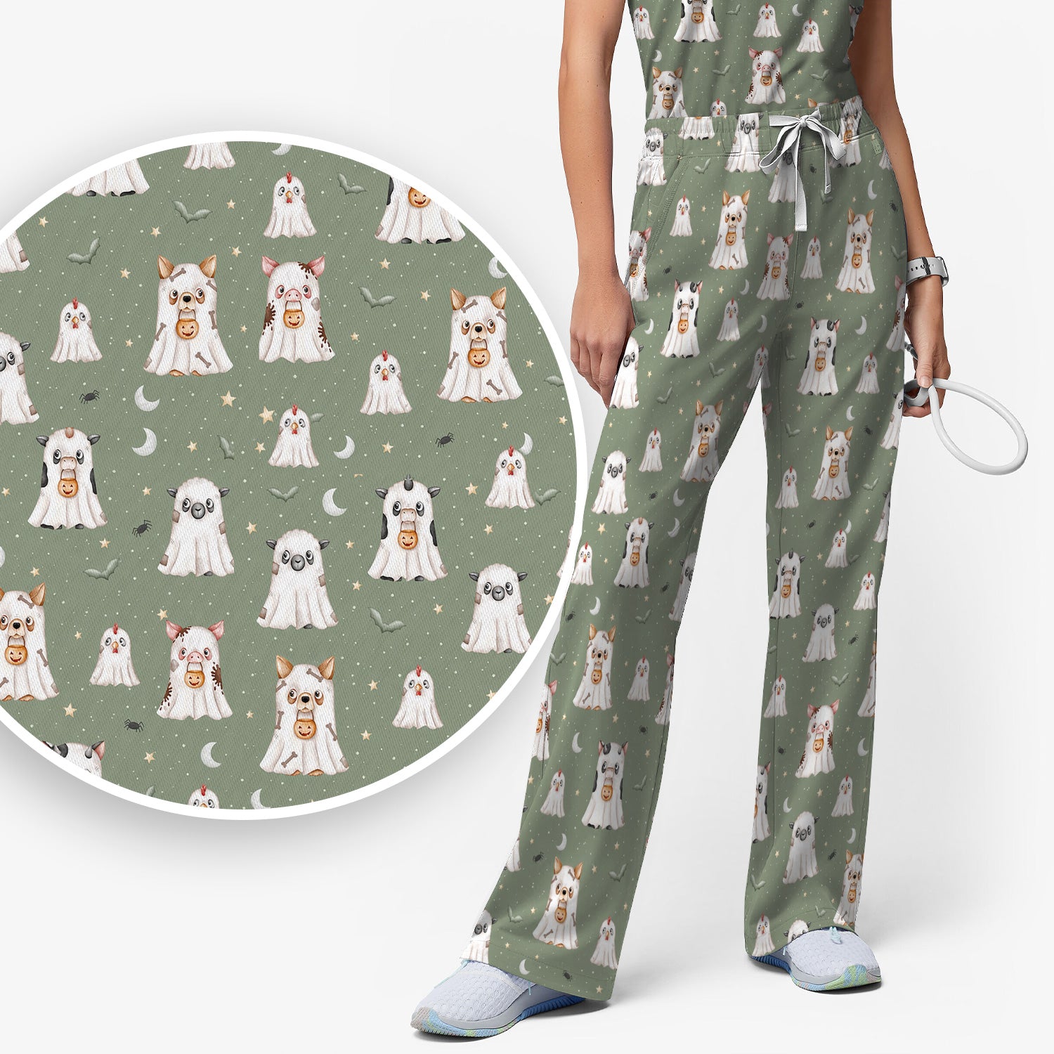 Spooky Farm Animal Ghost Scrub Set, Scrub Pants and V Neck Top