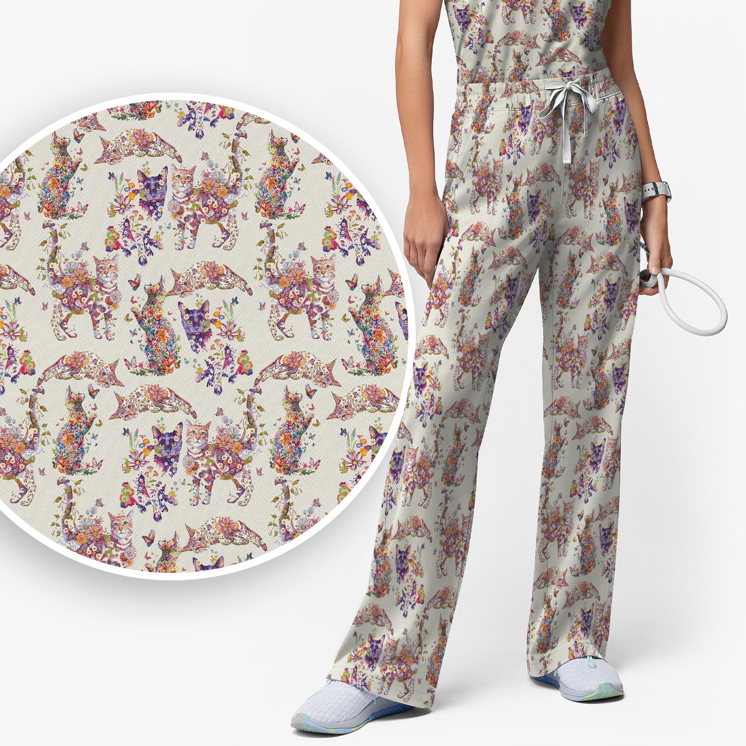 Whimsical Floral Cat Garden Pattern Scrub Set, Scrub Pants and V Neck Top