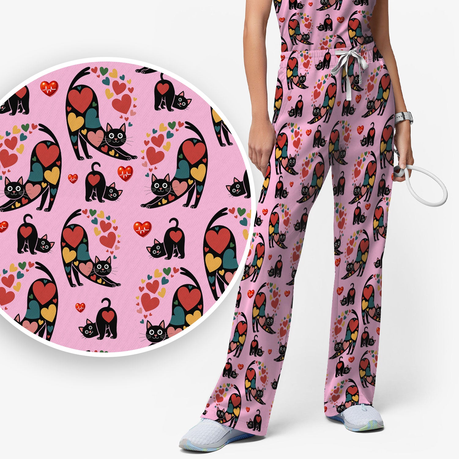 Playful Cat Valentine Heart Print Medical Scrub Set, Breathable Med Uniform