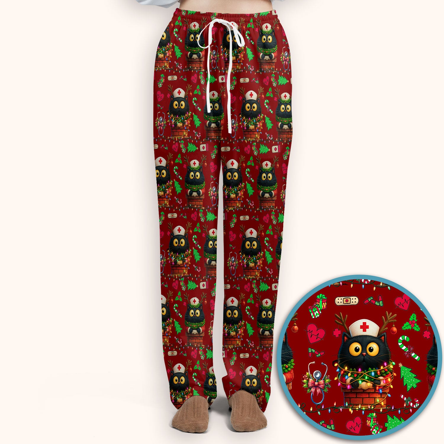 Christmas Black Cat Scrub Set for Nurse - Cute Reindeer Cat with Xmas Lights Pants and V Neck Top - Festive Holiday Medical Uniform