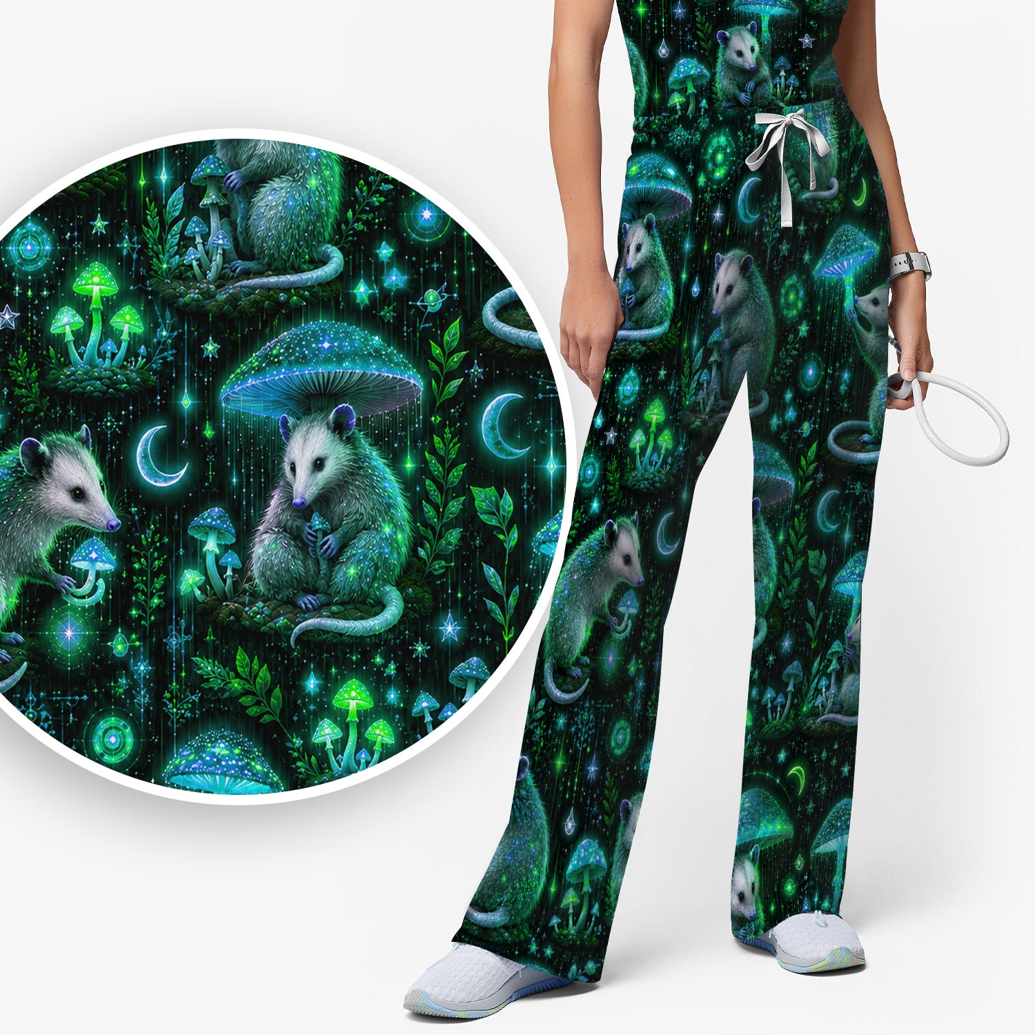 Moonlit Opossum Mushroom Pattern Scrub Set, Scrub Pants and V Neck Top