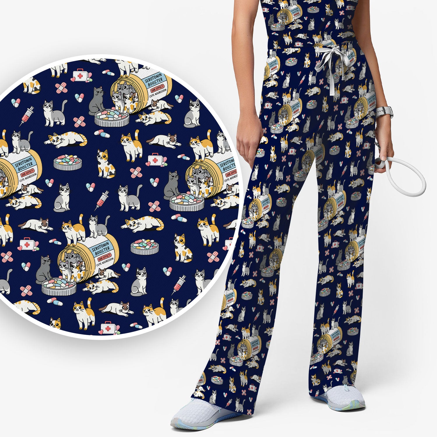 Cute Cat Serotonin Booster Pattern Women's Scrub Set, Breathable Med Uniform