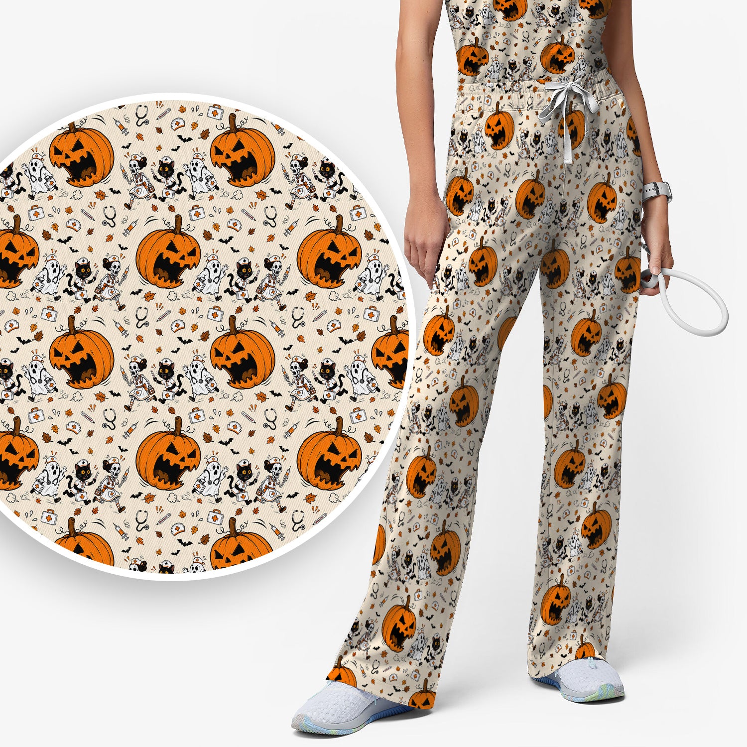 Funny Halloween Pumpkin Chasing Nurses Scrub Set, Scrub Pants and V Neck Top