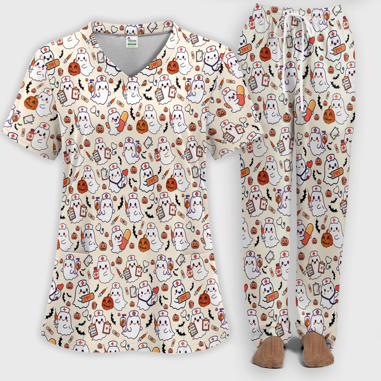 Halloween Women's Scrub Sets - Comfortable Scrubs for Nurses - Pumpkin Ghost Scrub Pants and V Neck Top - Breathable Med Uniform