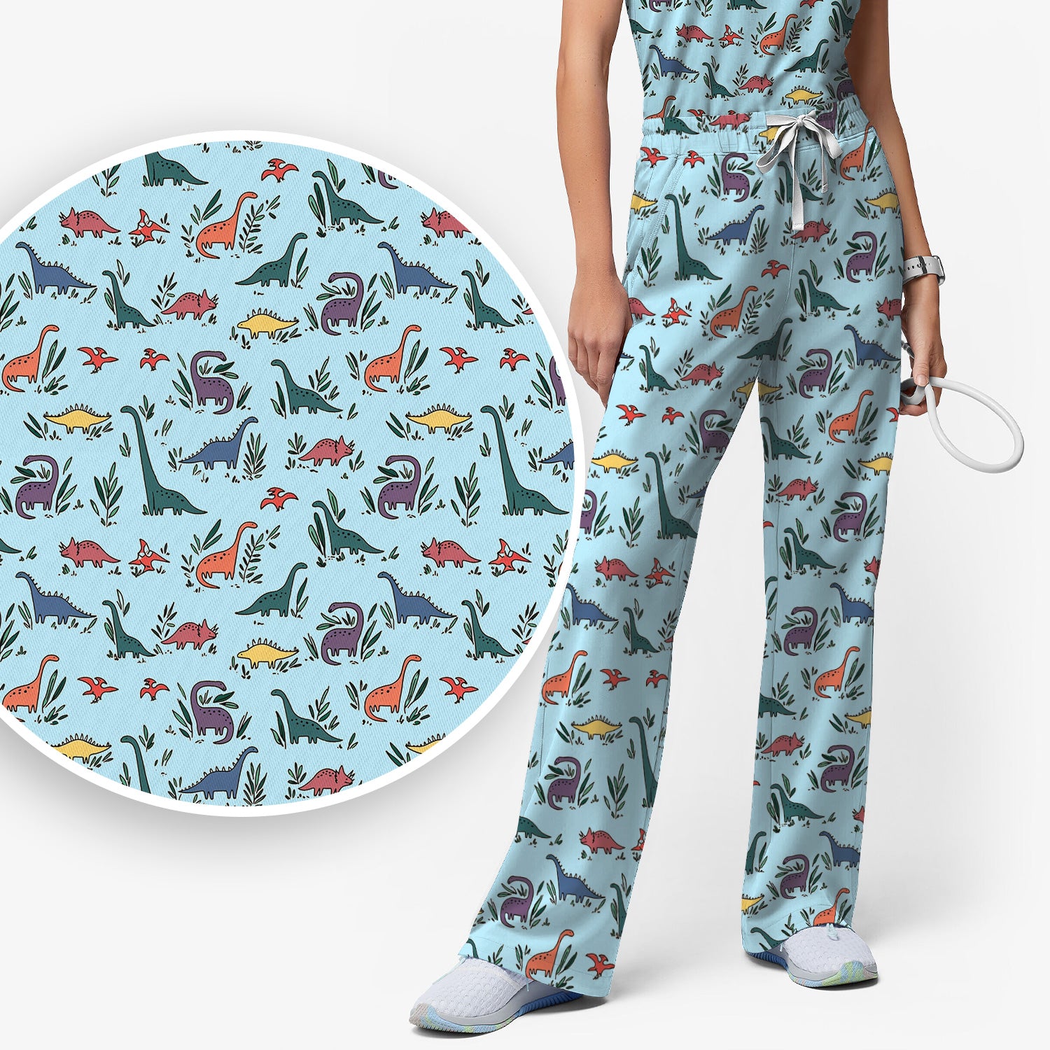 Cute Dinosaur Leafy Garden Pattern Scrub Set, Breathable Fabrics Nursing Uniform