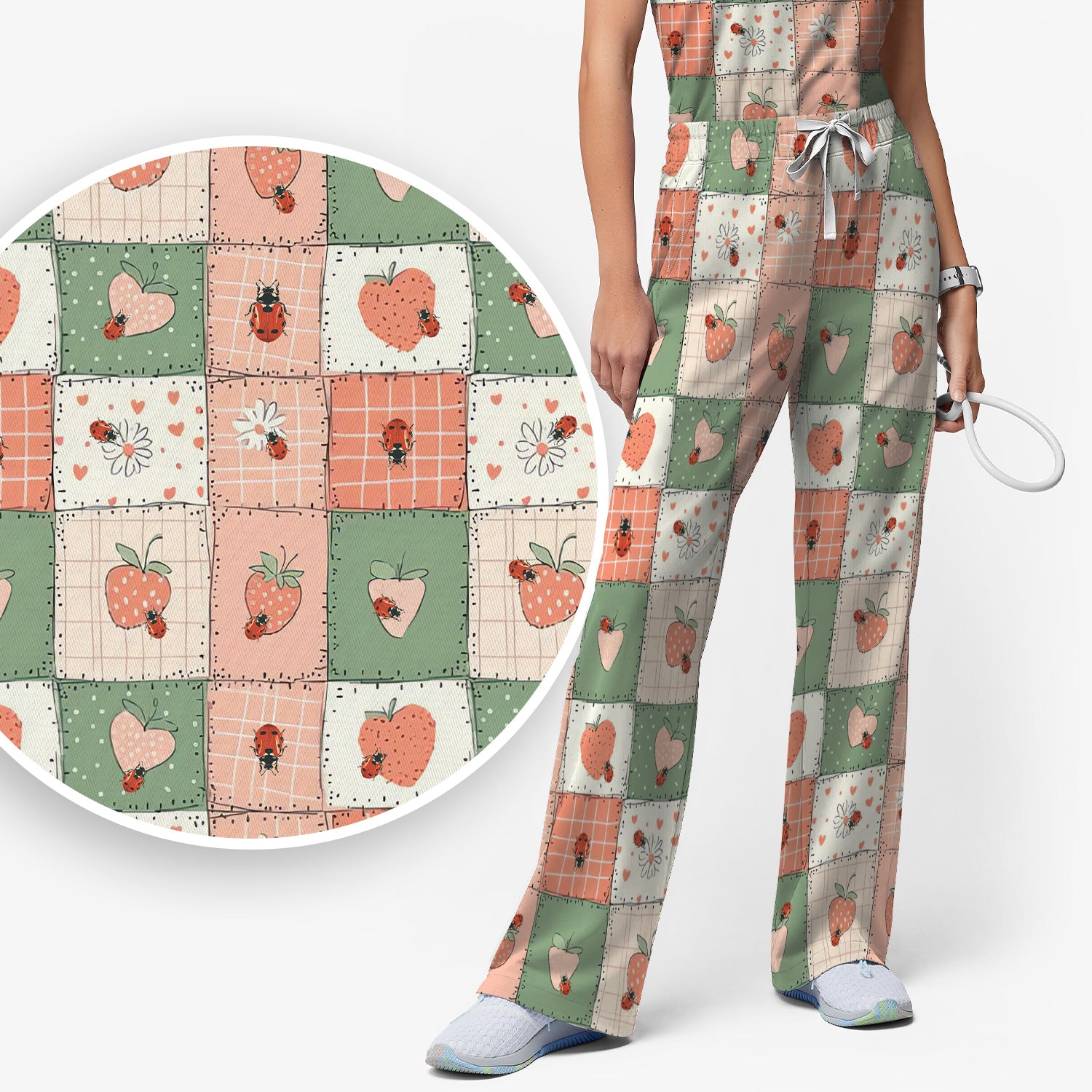 Strawberry Ladybug Patchwork Pattern Scrub Set, Scrub Pants and V Neck Top