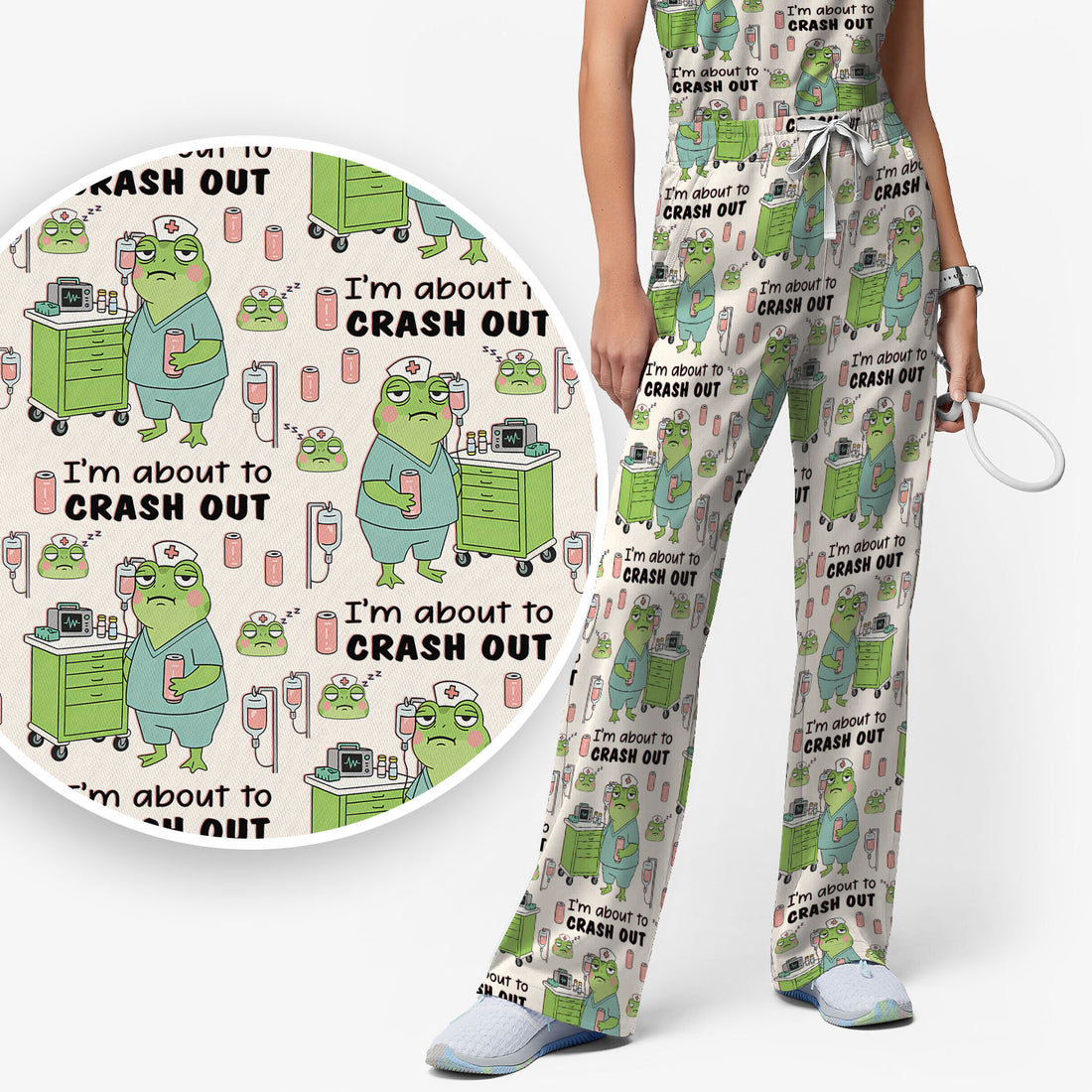 Funny Frog Pattern Nurse Scrub Set, I’m About to Crash Out Nurse Shirt, Breathable Fabrics Nursing Uniform