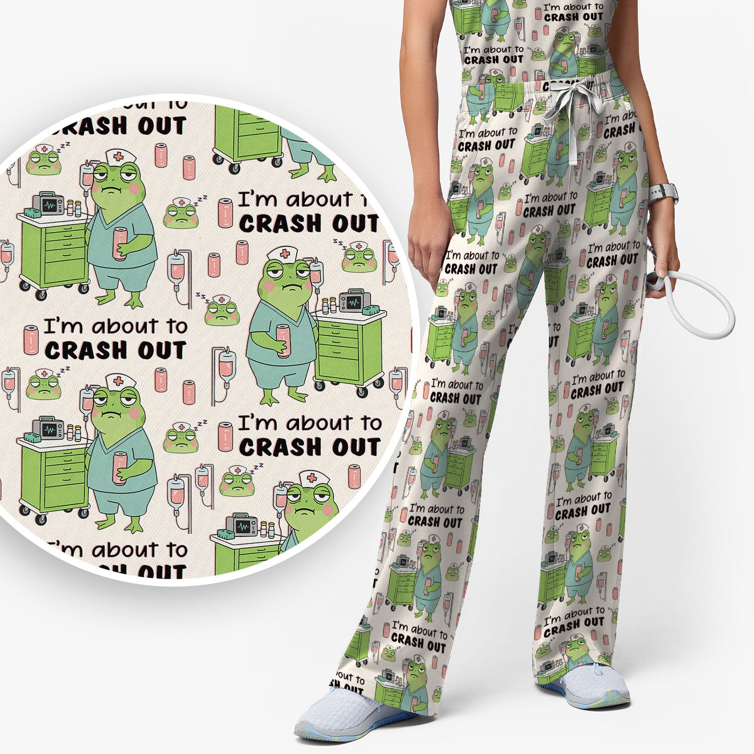 Funny Frog Pattern Nurse Scrub Set, I’m About to Crash Out Nurse Shirt, Breathable Fabrics Nursing Uniform