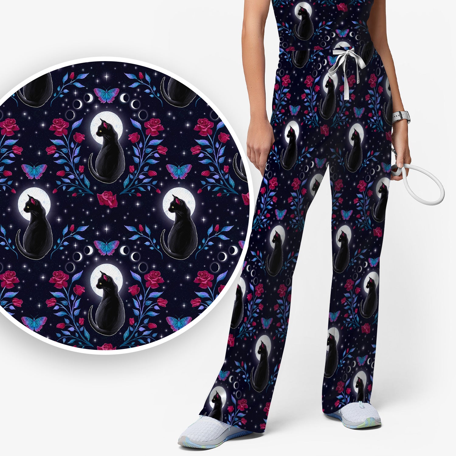 Black Cat Moon Rose Print Scrub Set, Scrub Pants and V Neck Top