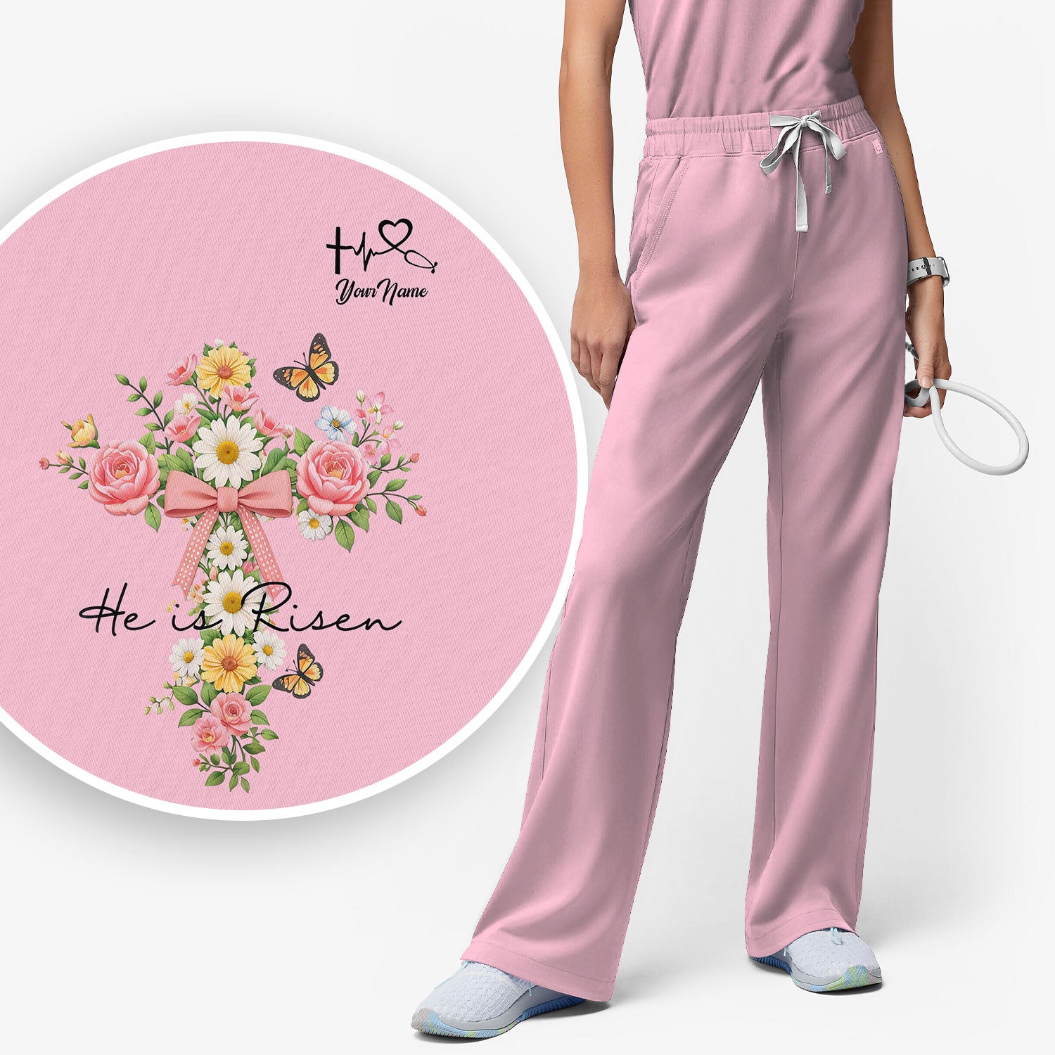Personalized Meaningful Easter Nurse He Is Risen Floral Cross Bow Pattern Scrub Set, Women's Scrub Sets