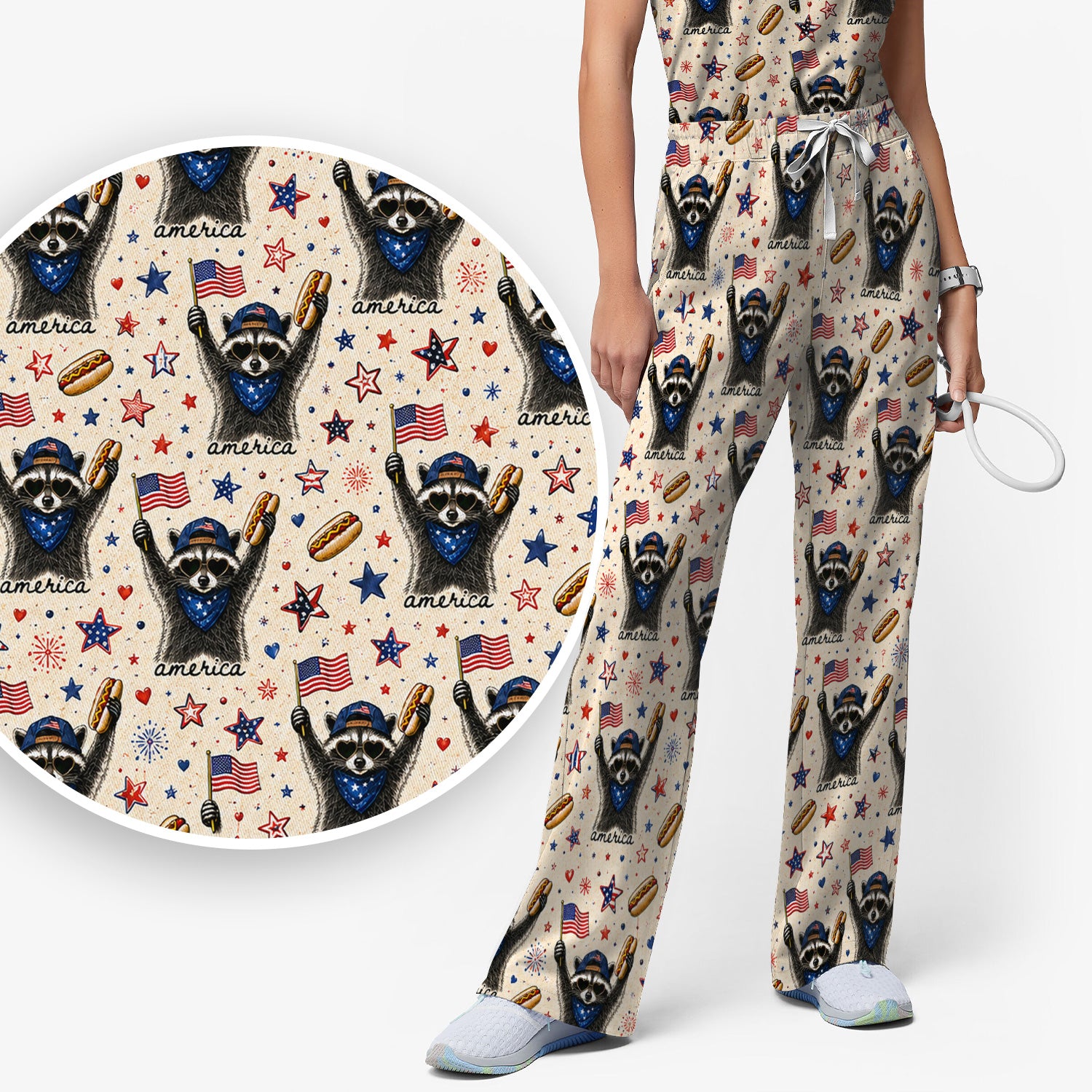 Patriotic Raccoon America Hotdog Pattern Scrub Set, Scrub Pants and V Neck Top