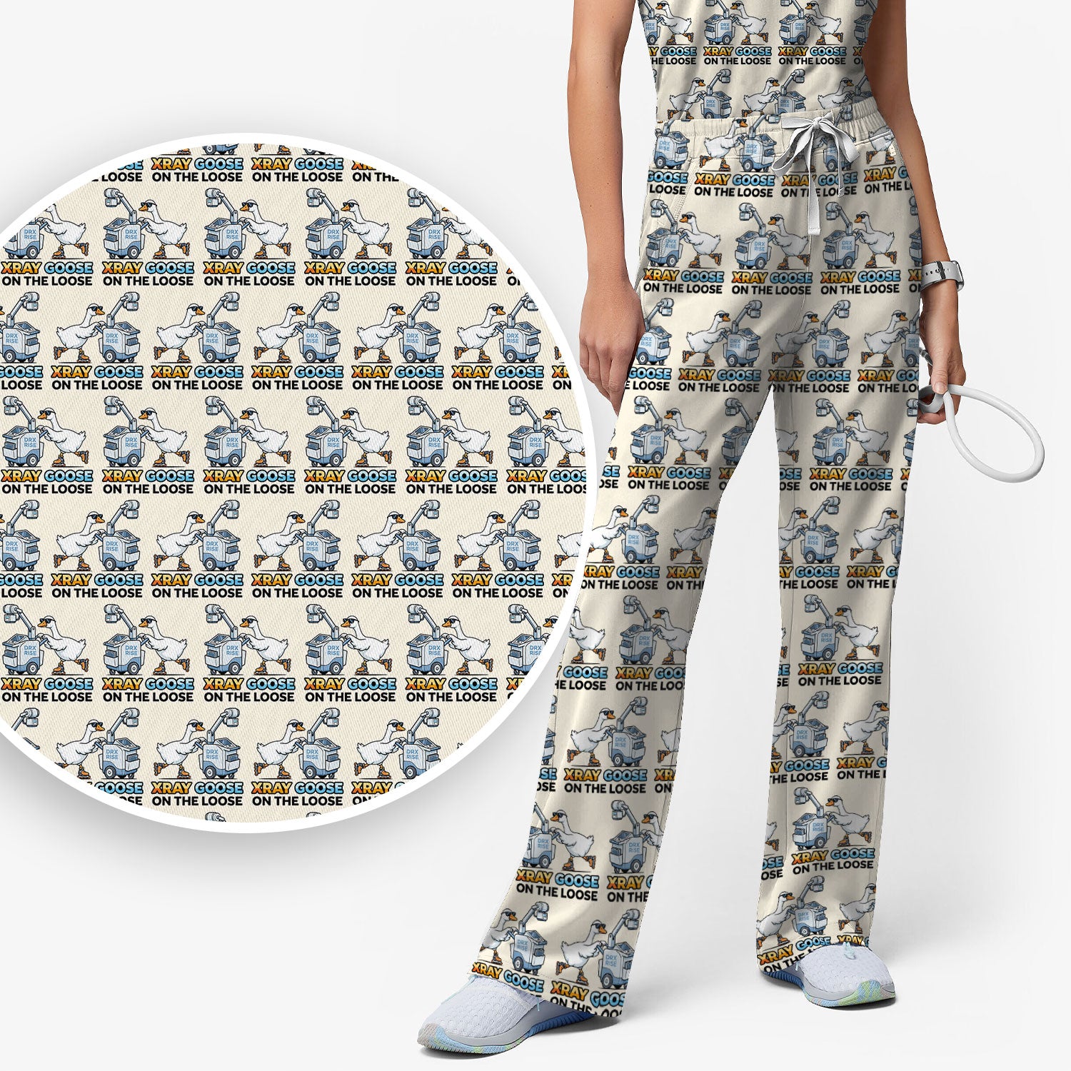 Funny Xray Goose On The Loose Pattern Scrub Top, Scrub Pants and V Neck Top