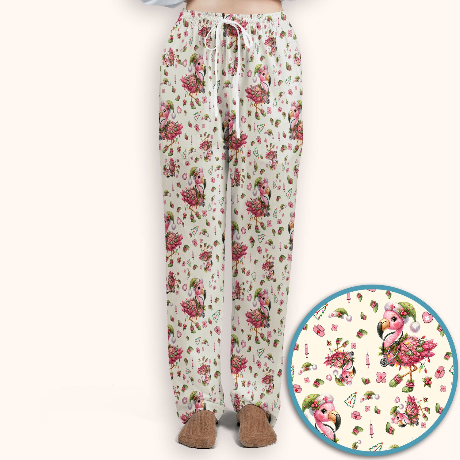 Pink Flamingo Christmas Scrub Set - Cute Flamingo Scrubs Pants and V Neck Top - Fun Christmas Medical Uniform