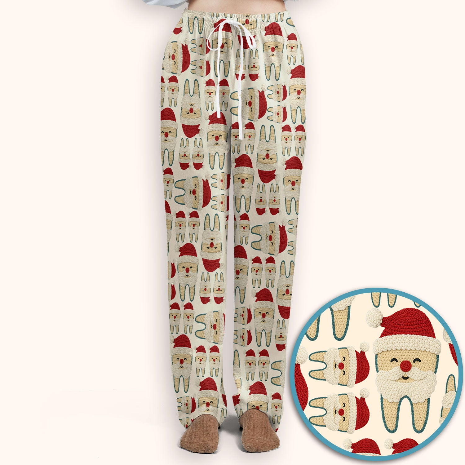 Christmas Tooth Scrub Set - Cute Santa Tooth Pattern for Dentists & Hygienists - Crochet Style Holiday Medical Uniform for Women